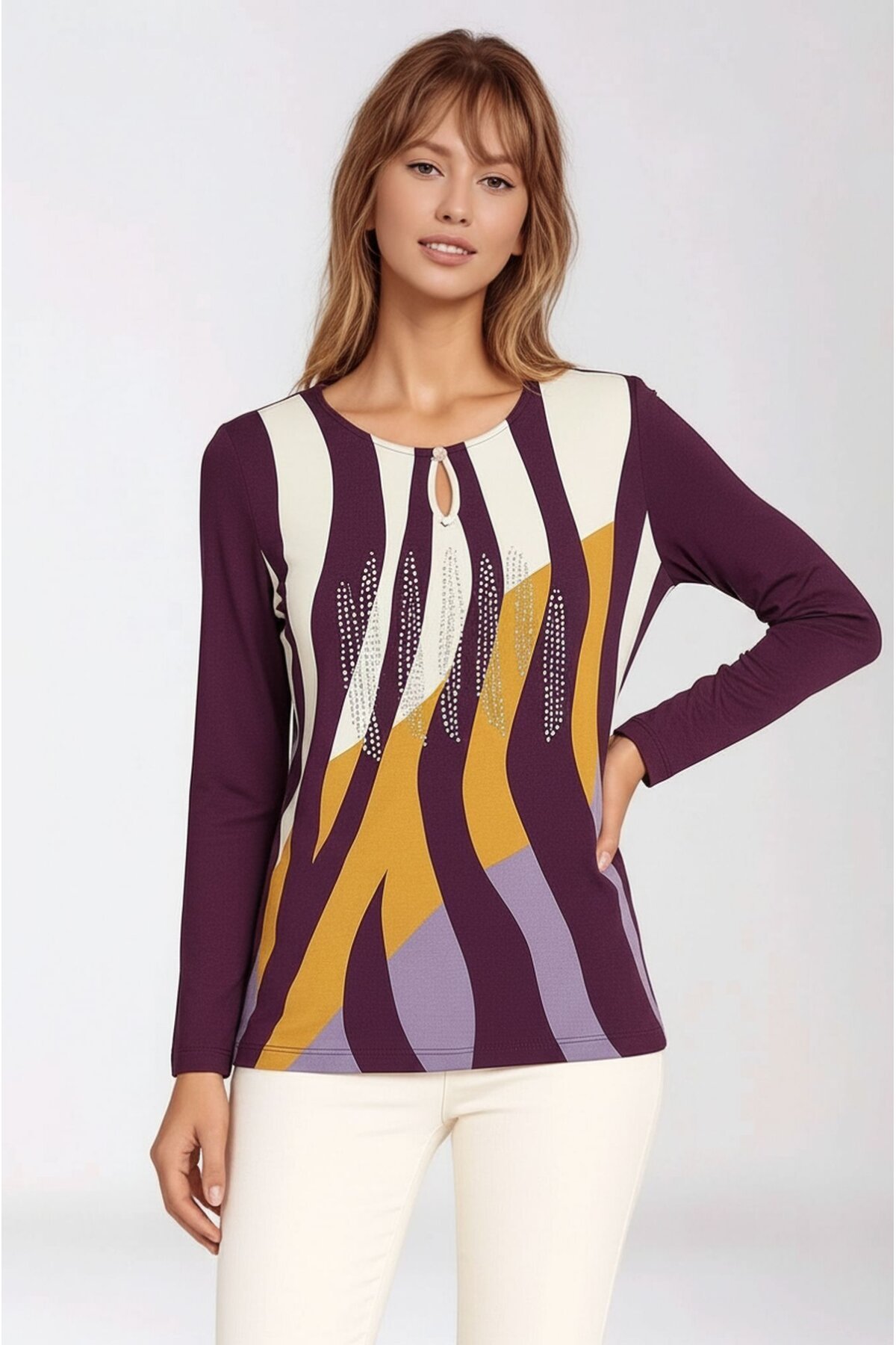 Kadın Bisiklet Yaka Esnek Desenli Taşlı Viskon Uzun Kol Curve Büyük Beden Bluz