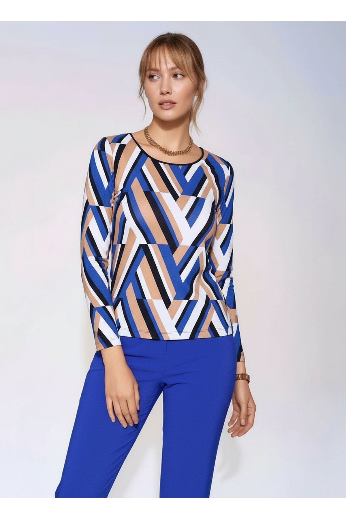 Kadın Bisiklet Yaka Esnek Desenli Viskon Uzun Kol Curve Büyük Beden Bluz