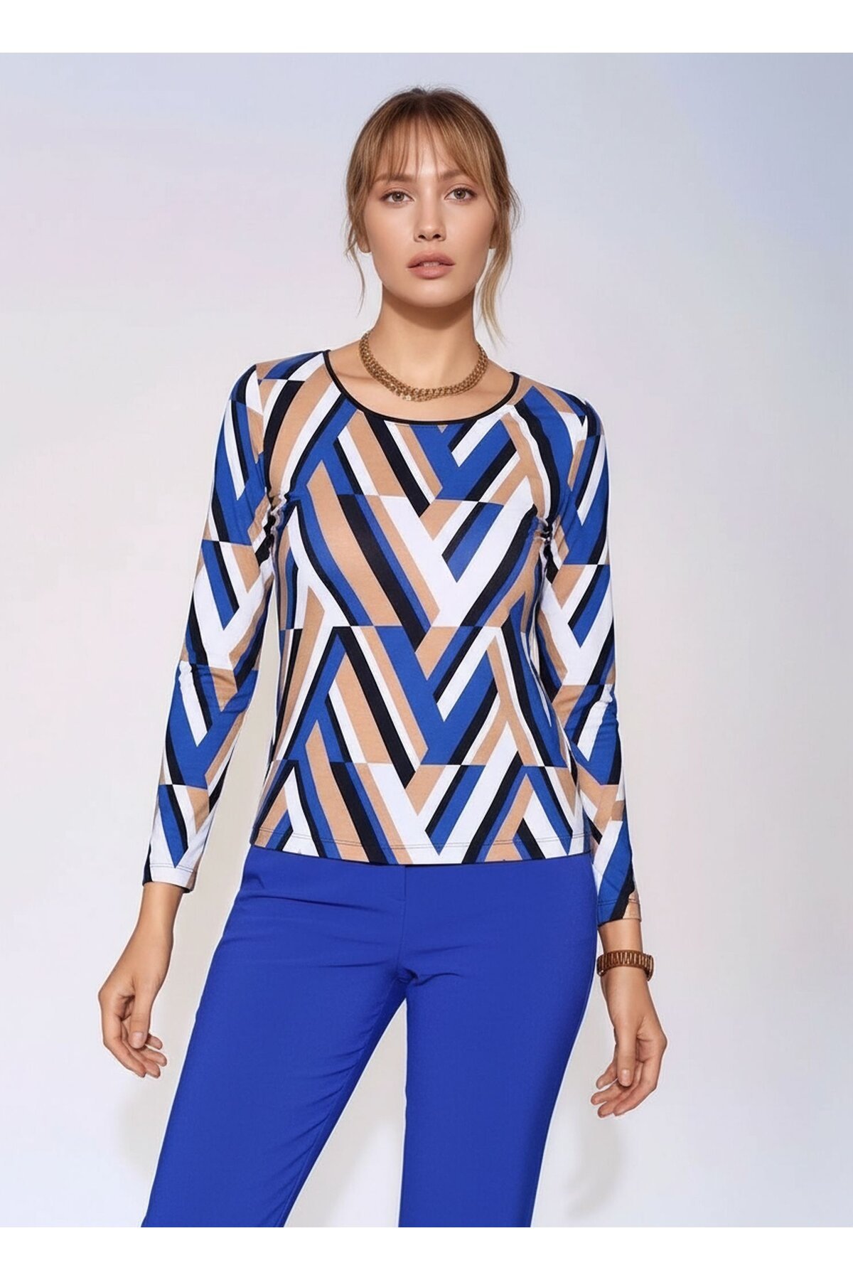 Kadın Bisiklet Yaka Esnek Desenli Viskon Uzun Kol Curve Büyük Beden Bluz
