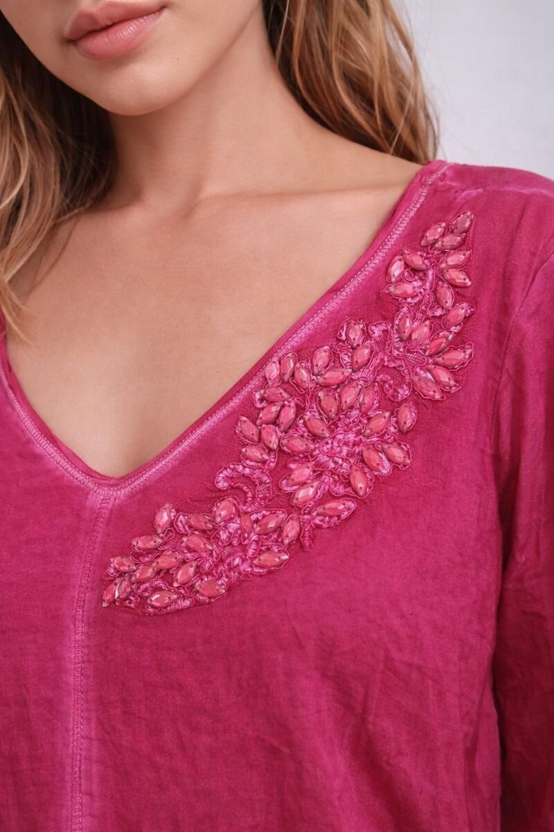 Kadın Bisiklet Yakası Taşlı %100 Cotton Viskon Uzun Kol Curve Büyük Beden Bluz