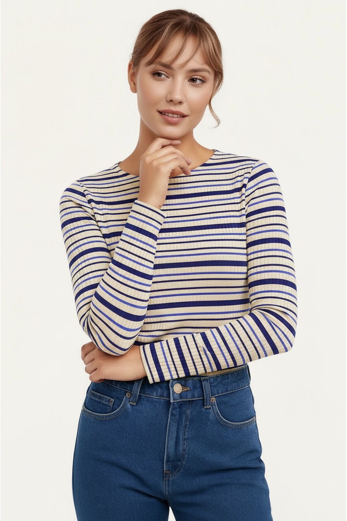 Kadın Bisiklet Yaka Full Esnek Çizgili Comfort Spor Şık Tasarım Yumoş Bluz