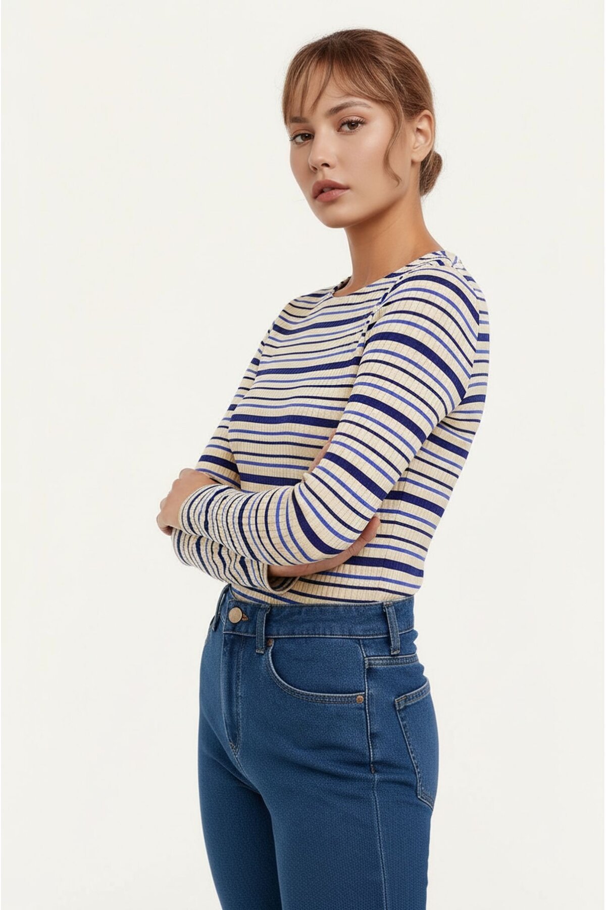 Kadın Bisiklet Yaka Full Esnek Çizgili Comfort Spor Şık Tasarım Yumoş Bluz