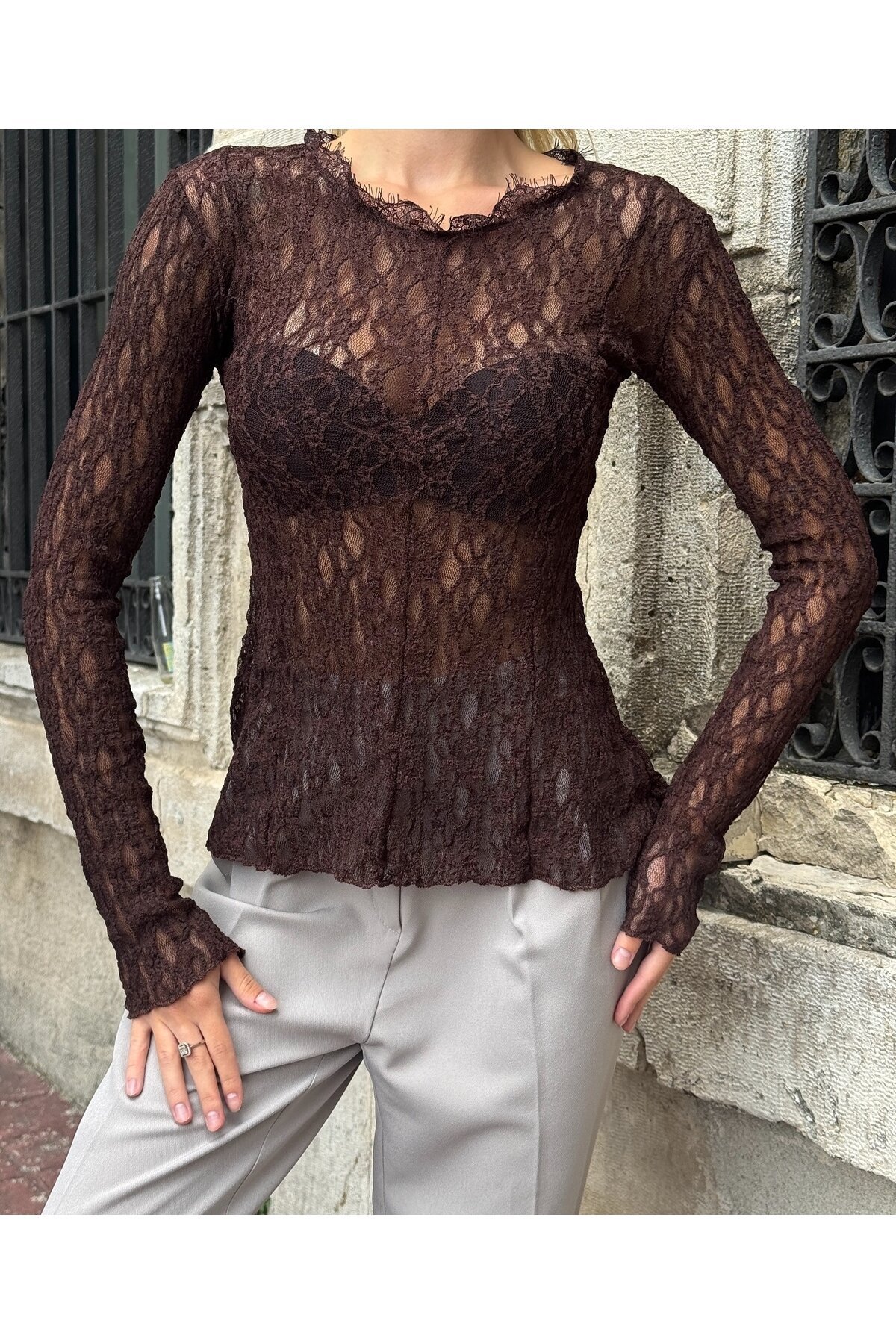 Kadın Bisiklet Yaka Full Esnek Dantel Bürümcük Spor Şık Tasarım Asimetrik Kesim Gece Bluzu