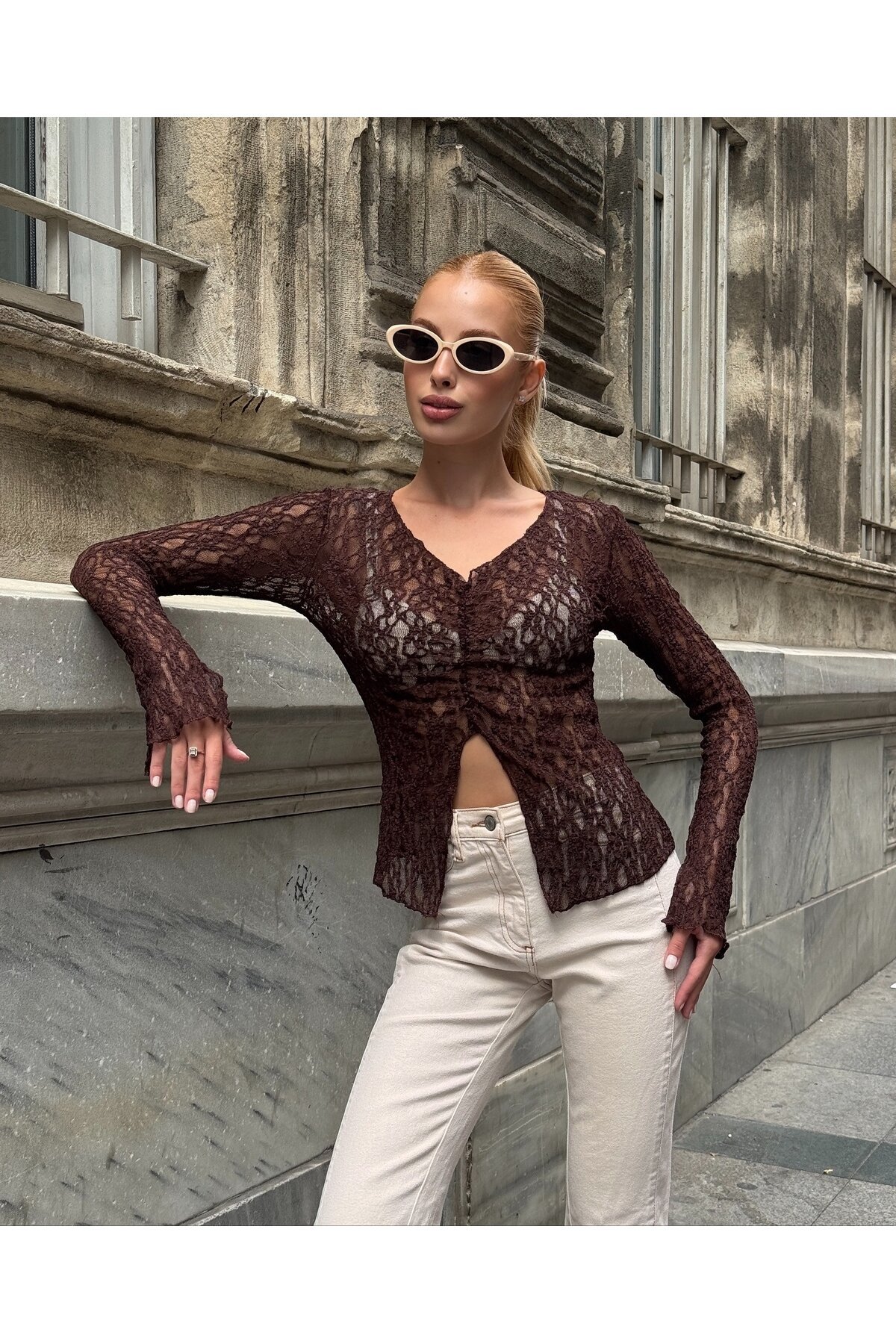 Kadın V Yaka Full Esnek Dantel Bürümcük Spor Şık Tasarım Asimetrik Kesim Gece Bluzu