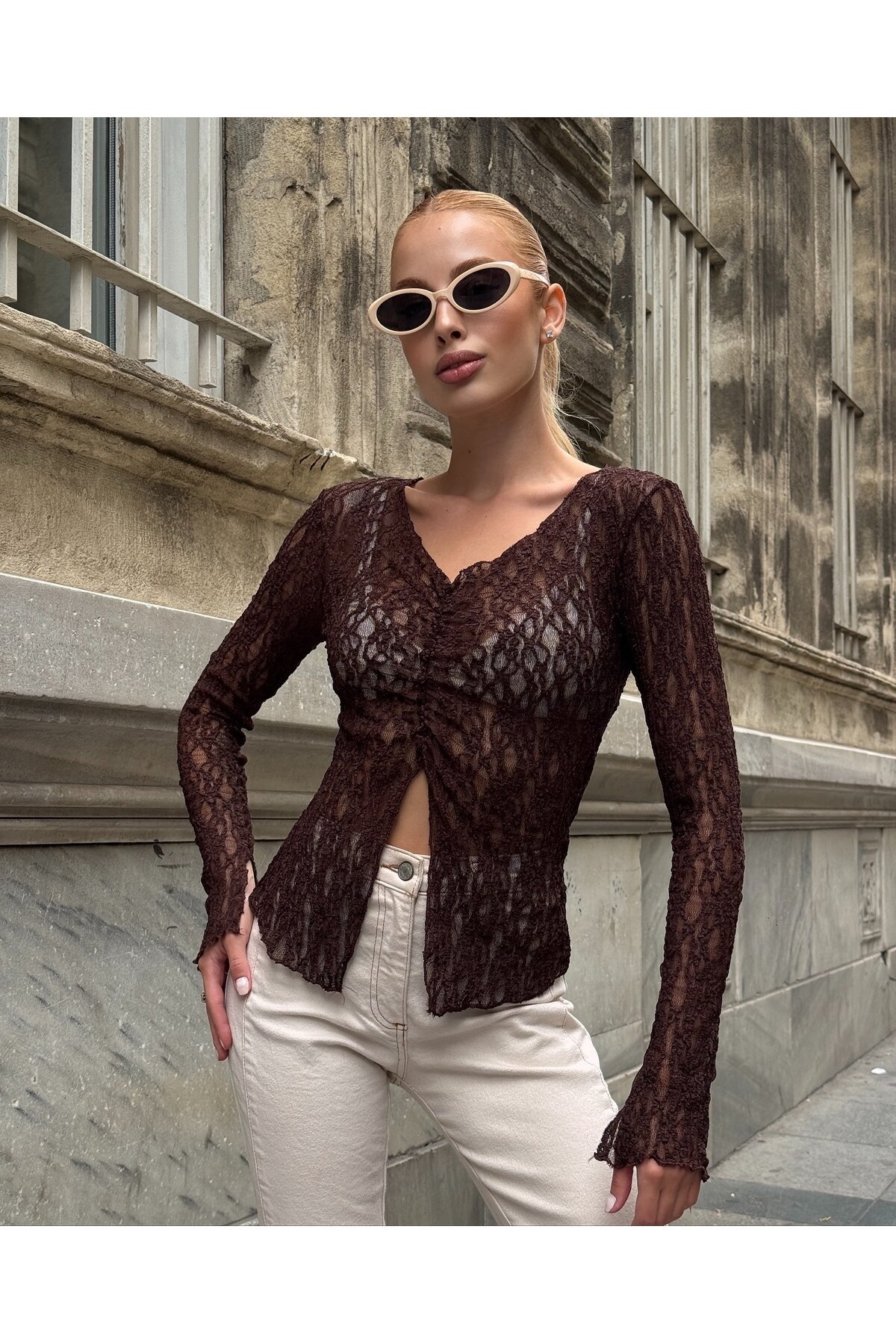 Kadın V Yaka Full Esnek Dantel Bürümcük Spor Şık Tasarım Asimetrik Kesim Gece Bluzu