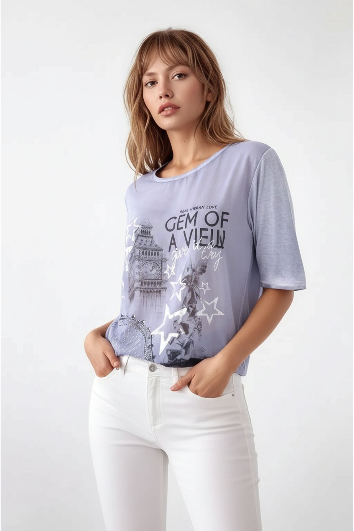 Kadın Bisiklet Yaka Kısa Kol Baskı Detaylı Spor Şık Curve Beli Lastikli Şifon Bluz