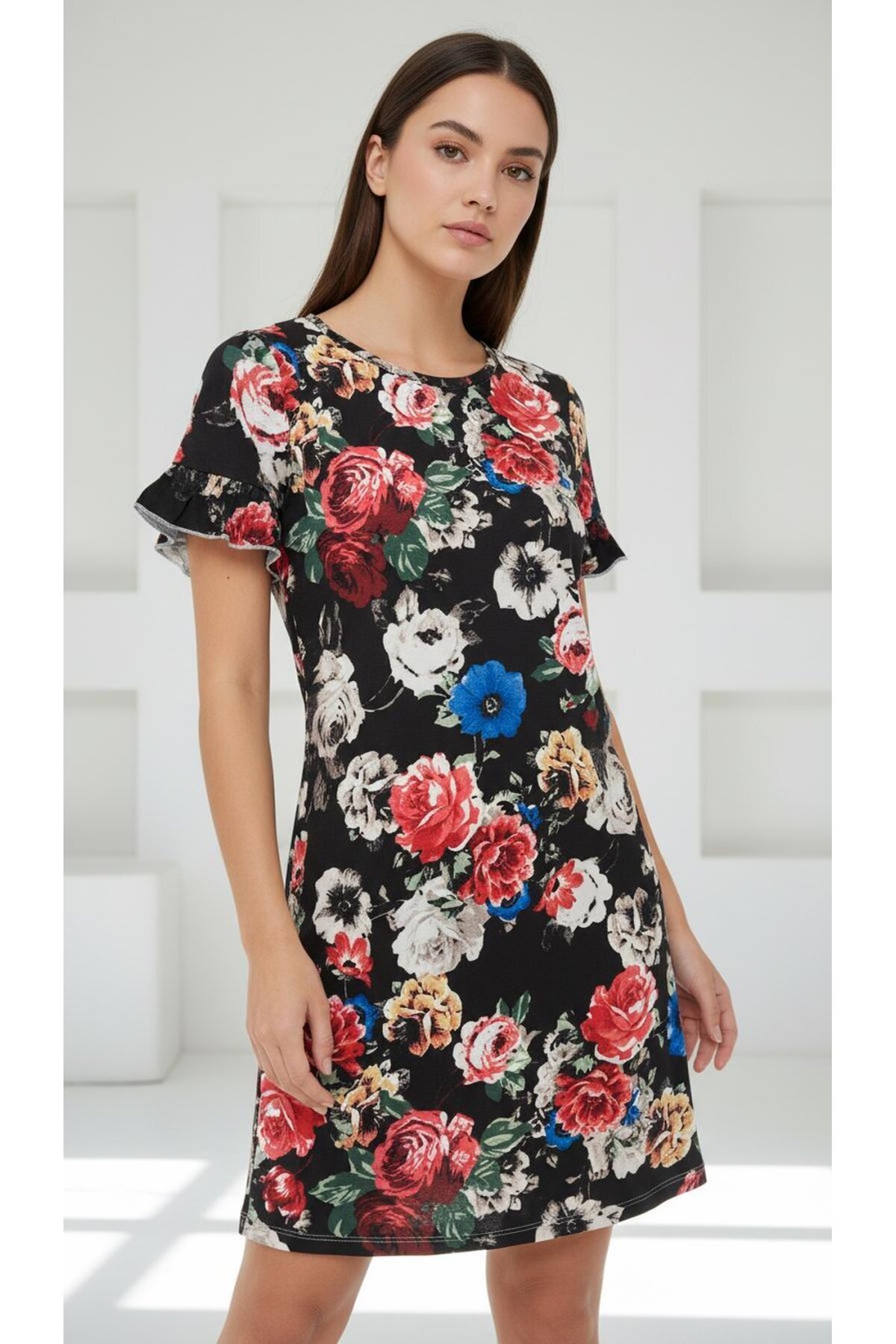 Kadın Bisiklet Yaka Kısa Volanlı Kol Viskon Günlük Midi Boy Desenli Casual Elbise
