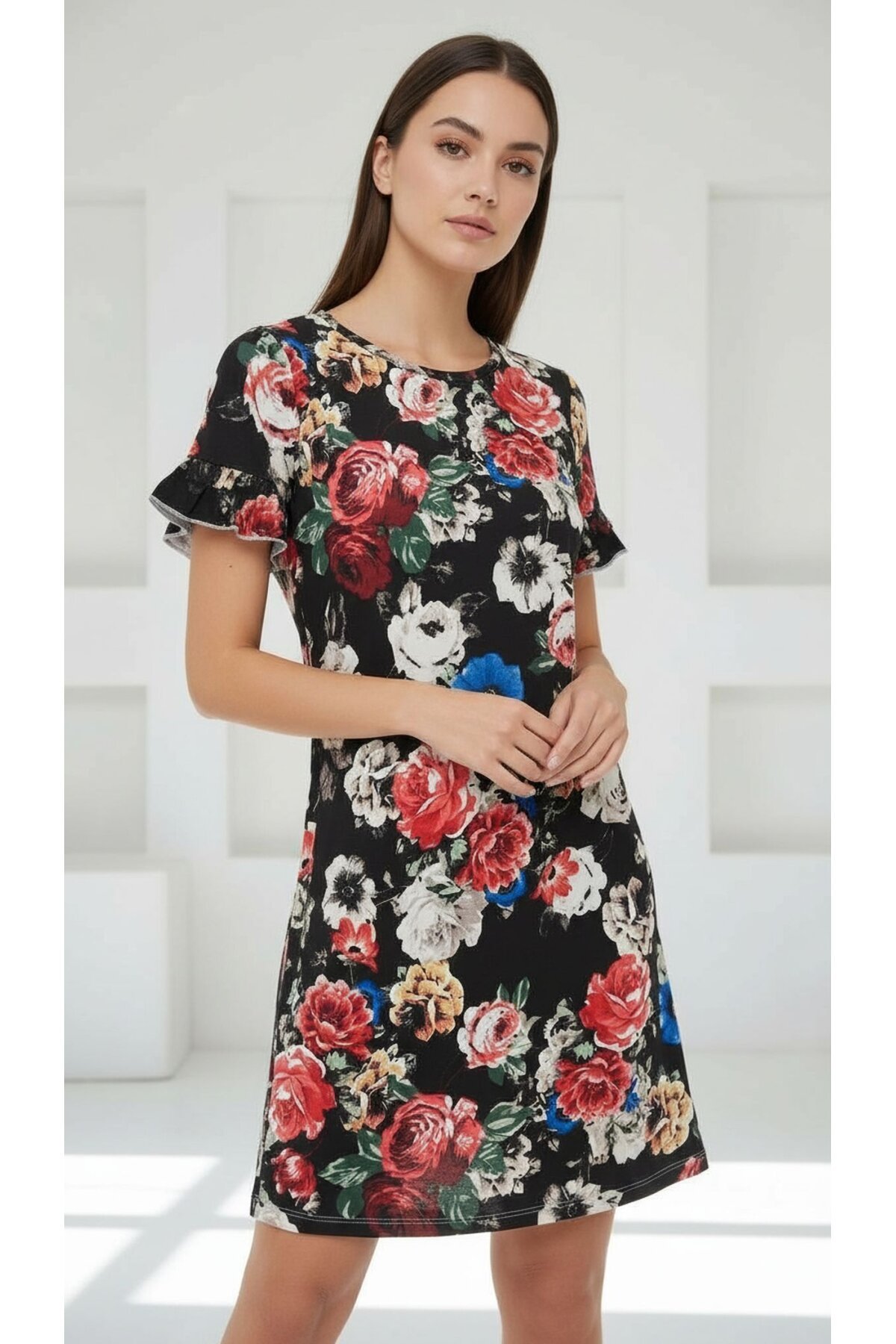 Kadın Bisiklet Yaka Kısa Volanlı Kol Viskon Günlük Midi Boy Desenli Casual Elbise