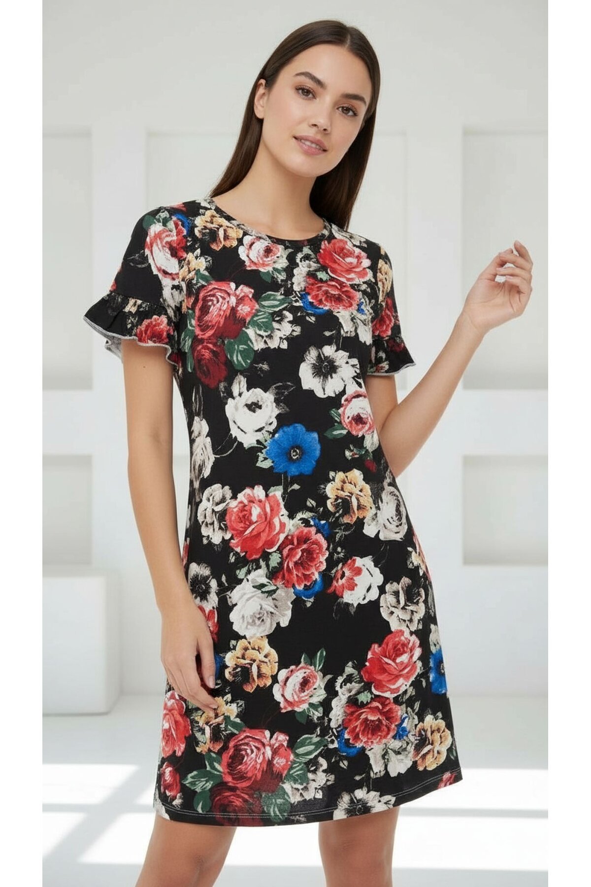 Kadın Bisiklet Yaka Kısa Volanlı Kol Viskon Günlük Midi Boy Desenli Casual Elbise