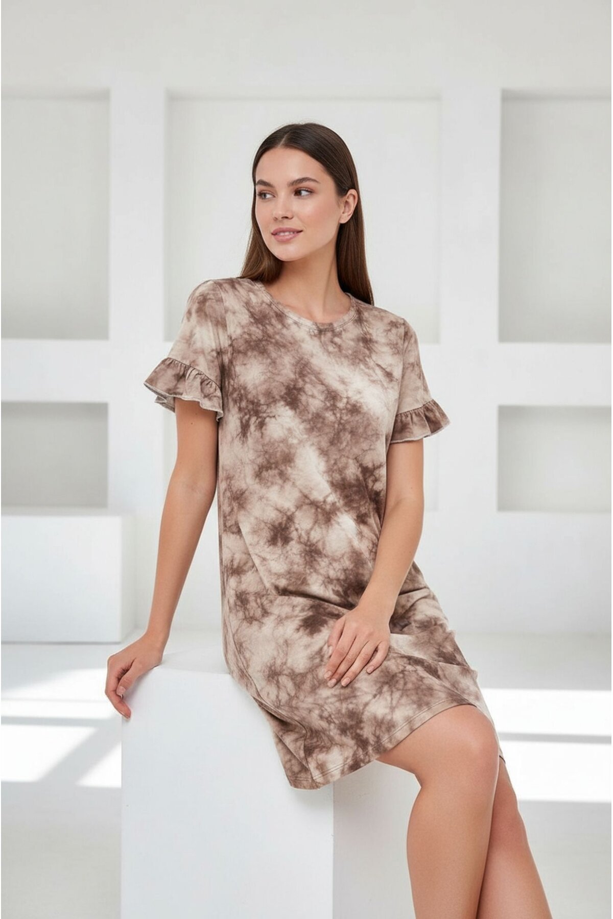 Kadın Bisiklet Yaka Kısa Volanlı Kol Viskon Günlük Midi Boy Desenli Casual Elbise