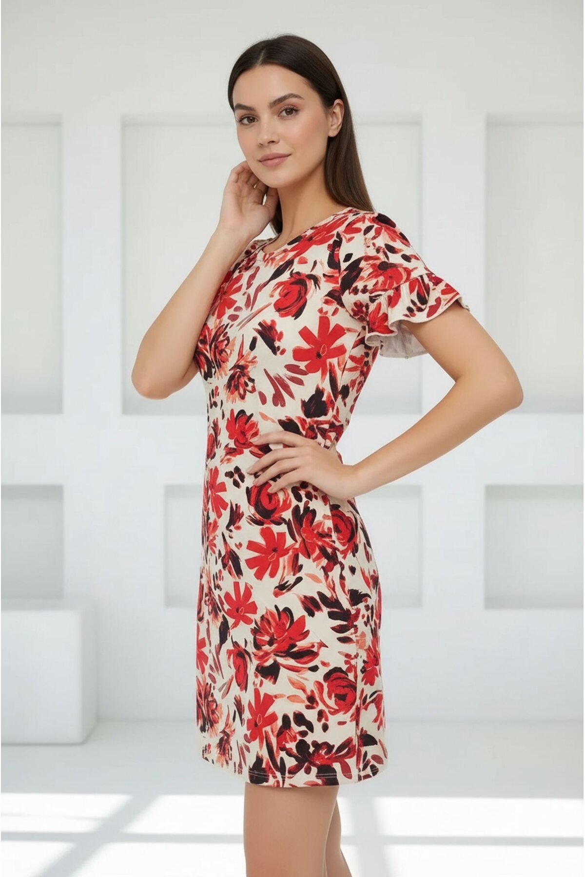 Kadın Bisiklet Yaka Kısa Volanlı Kol Viskon Günlük Midi Boy Desenli Casual Elbise