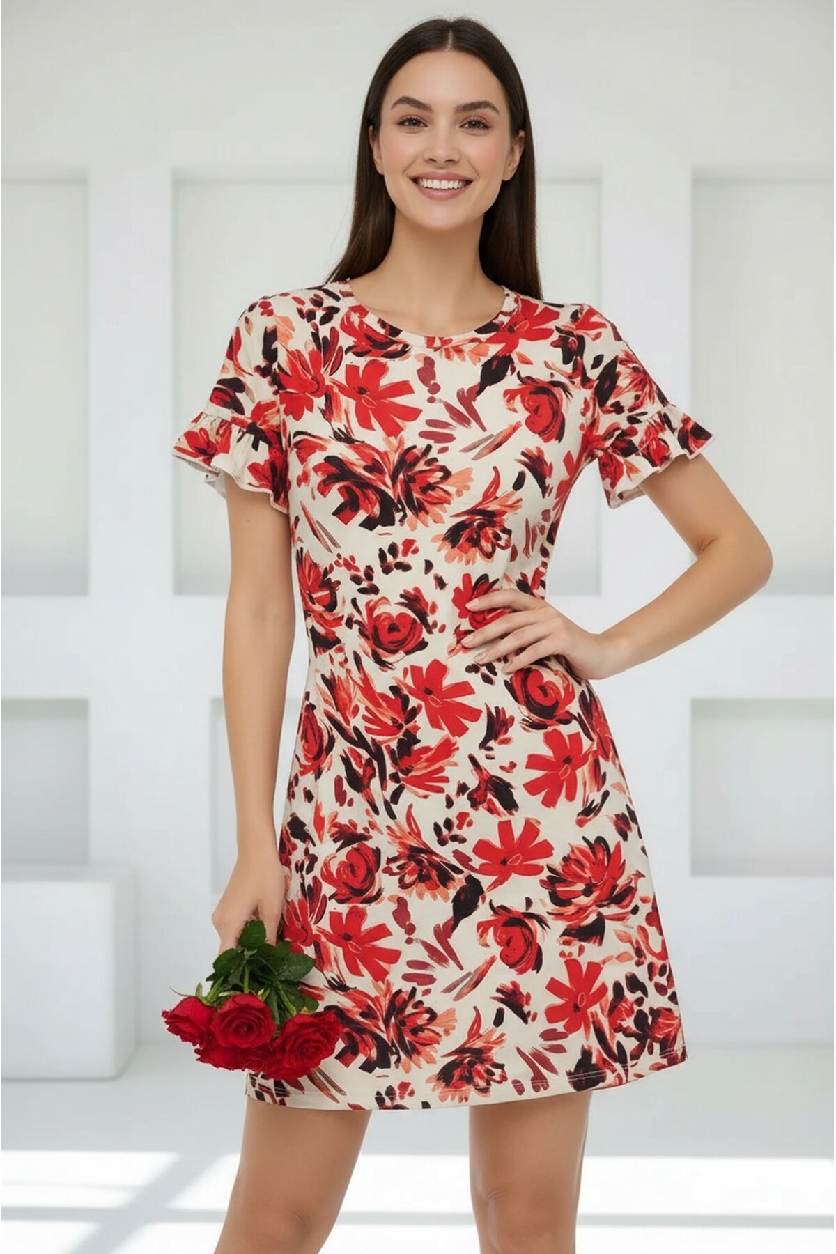 Kadın Bisiklet Yaka Kısa Volanlı Kol Viskon Günlük Midi Boy Desenli Casual Elbise