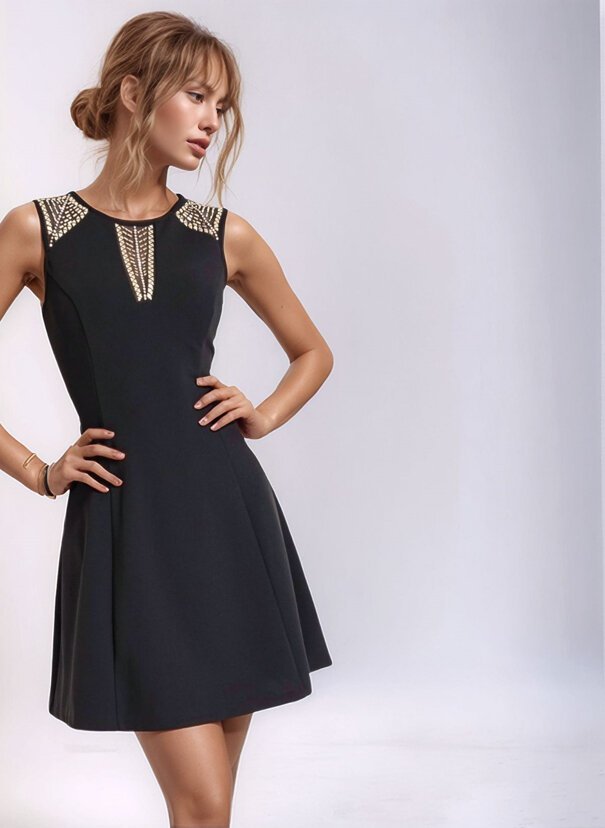 Kadın Bisiklet Yaka Gold Taş Baskılı Omuz Çan Etek Şık Curve Abiye Elbise