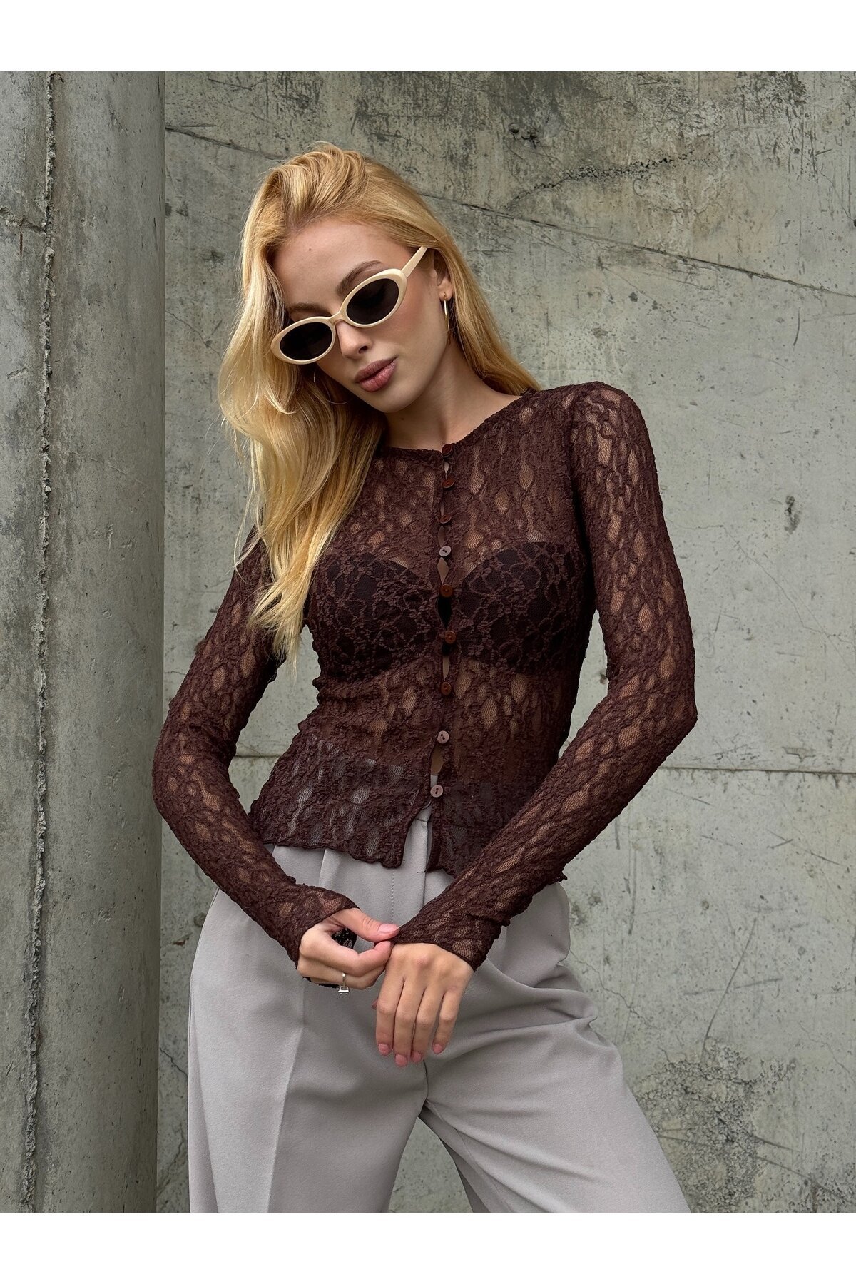 Kadın Bisiklet Yaka Önden Düğmeli Full Esnek Dantel Bürümcük Spor Şık Tasarım Gece Bluzu