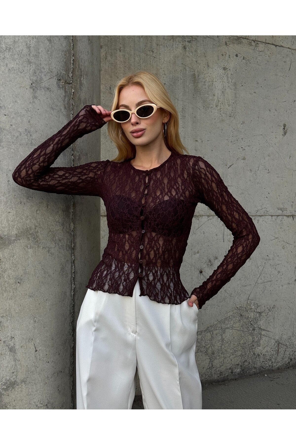 Kadın Bisiklet Yaka Önden Düğmeli Full Esnek Dantel Bürümcük Spor Şık Tasarım Gece Bluzu