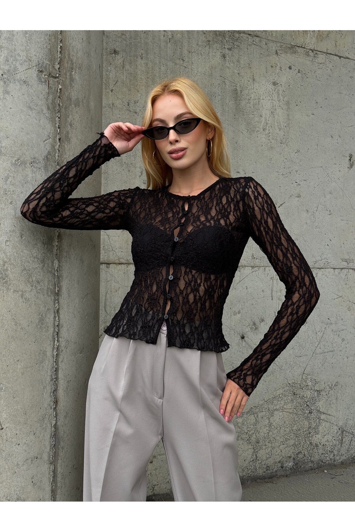 Kadın Bisiklet Yaka Önden Düğmeli Full Esnek Dantel Bürümcük Spor Şık Tasarım Gece Bluzu