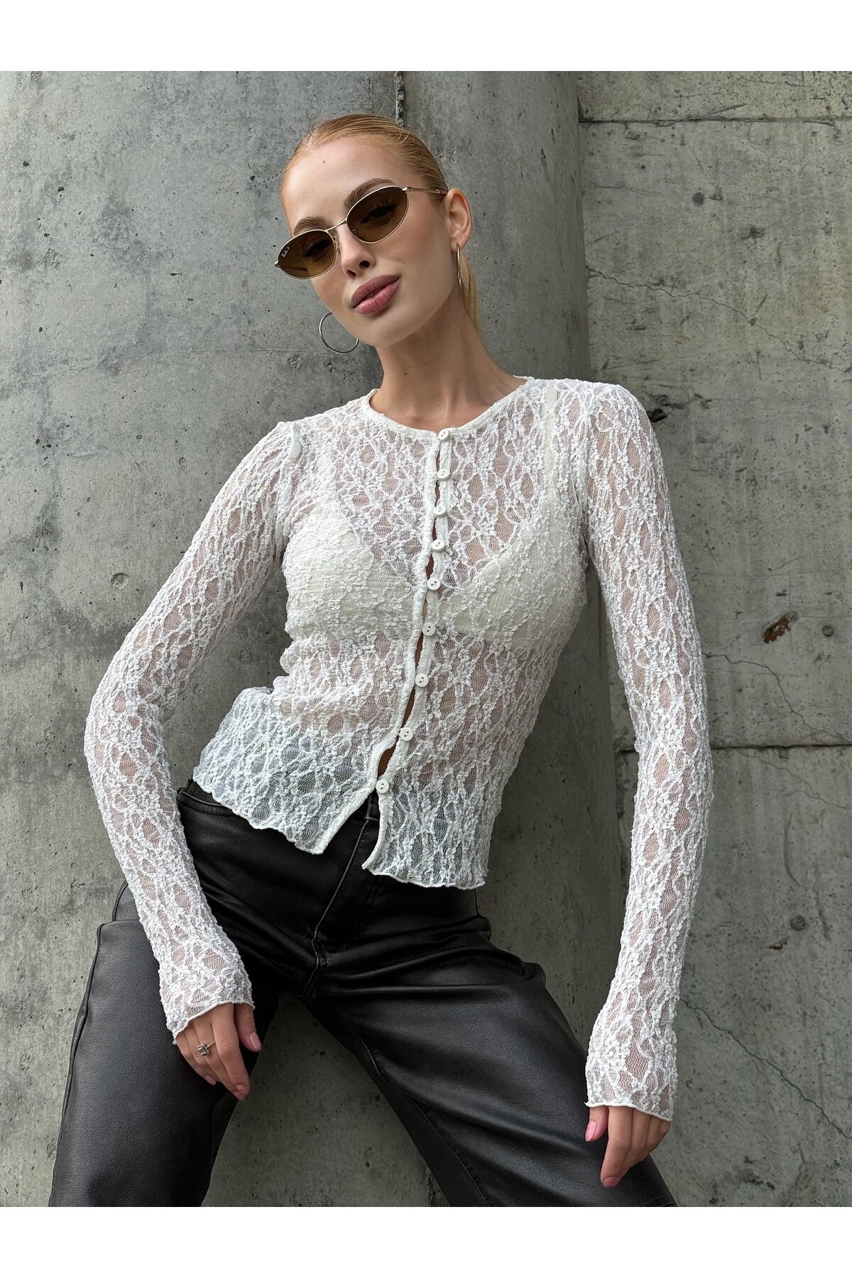 Kadın Bisiklet Yaka Önden Düğmeli Full Esnek Dantel Bürümcük Spor Şık Tasarım Gece Bluzu
