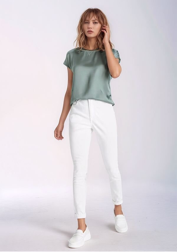 Kadın Bisiklet Yaka Saten Viskon Kısa Kol Spor Şık Bluz