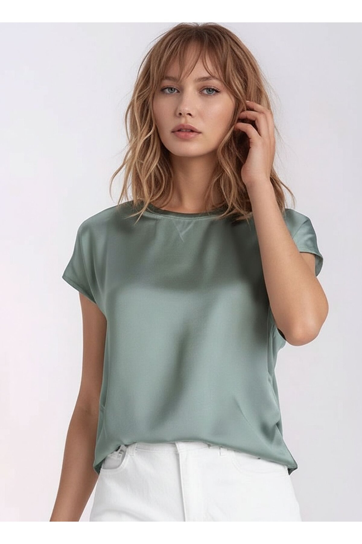 Kadın Bisiklet Yaka Saten Viskon Kısa Kol Spor Şık Bluz