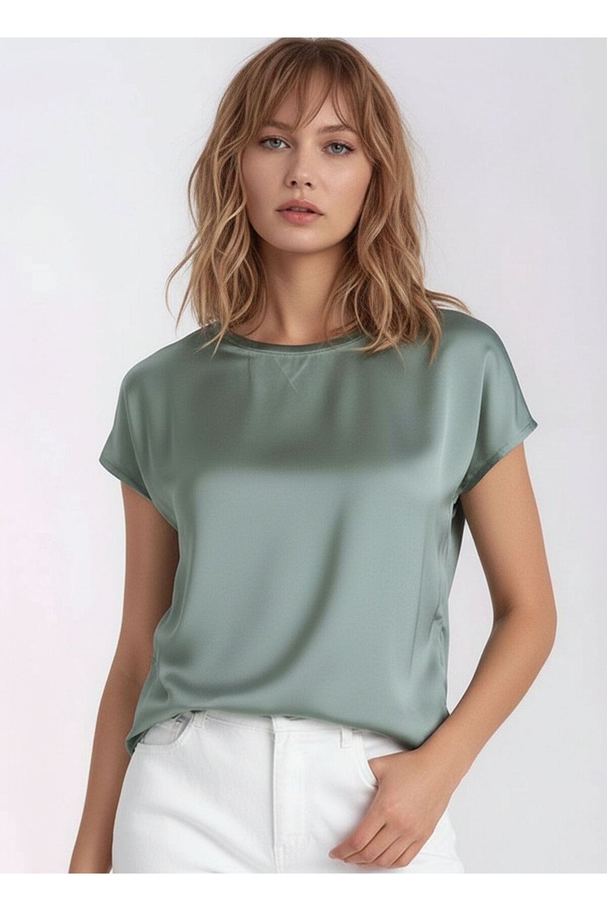 Kadın Bisiklet Yaka Saten Viskon Kısa Kol Spor Şık Bluz