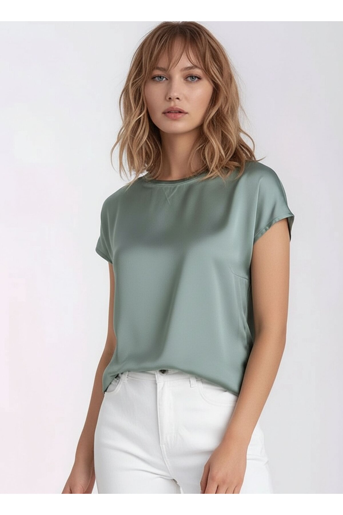 Kadın Bisiklet Yaka Saten Viskon Kısa Kol Spor Şık Bluz