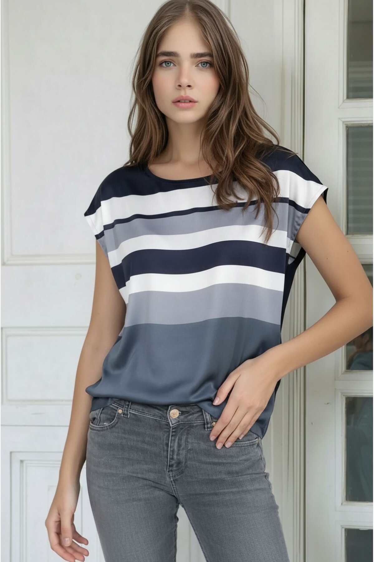Kadın Bisiklet Yaka Saten Viskon Kısa Kol Spor Şık Çizgili Bluz