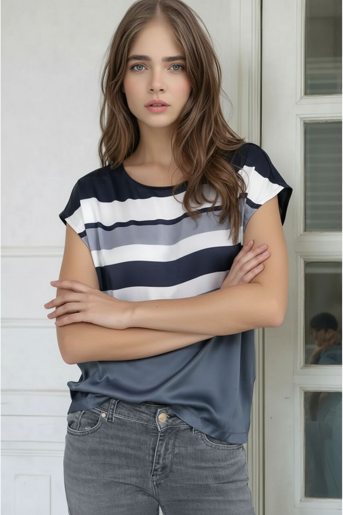 Kadın Bisiklet Yaka Saten Viskon Kısa Kol Spor Şık Çizgili Bluz
