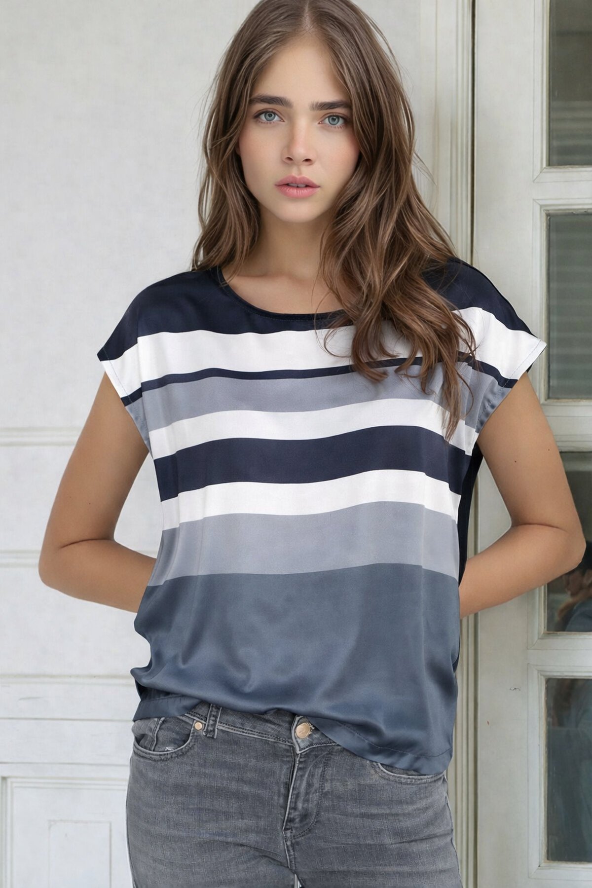 Kadın Bisiklet Yaka Saten Viskon Kısa Kol Spor Şık Çizgili Bluz