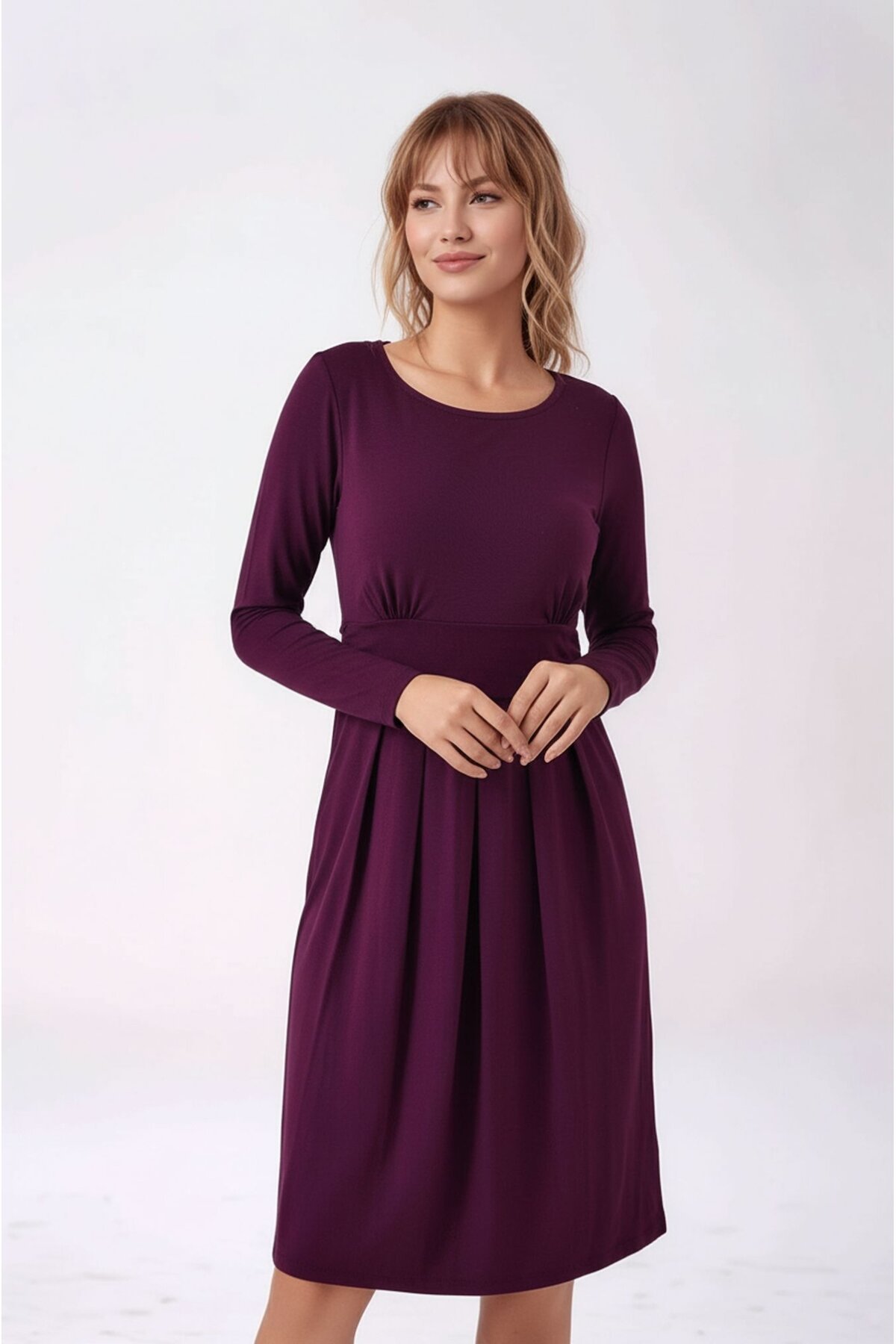 Kadın Bisiklet Yaka Tesettüre Uygun Uzun Kol Viskon Gizli Emzirme Bölümlü Şık Hamile Elbisesi