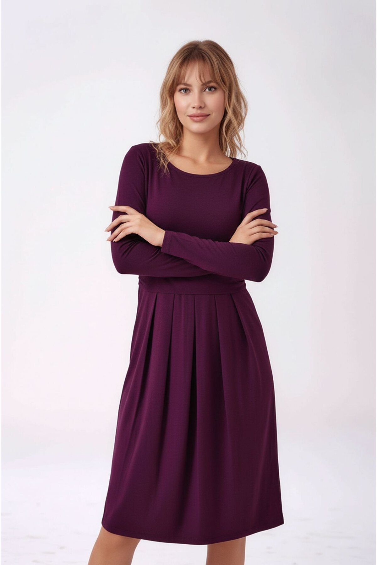 Kadın Bisiklet Yaka Tesettüre Uygun Uzun Kol Viskon Gizli Emzirme Bölümlü Şık Hamile Elbisesi