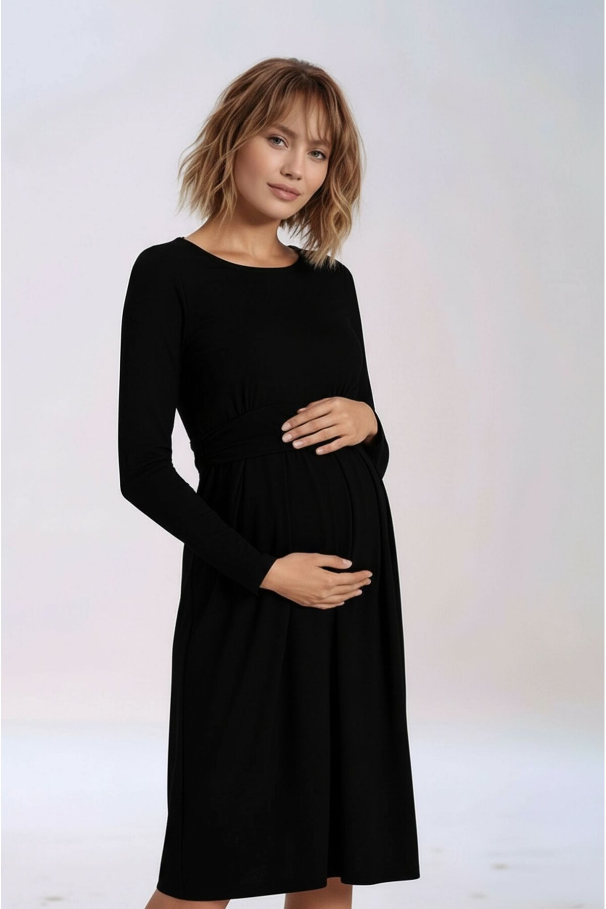 Kadın Bisiklet Yaka Tesettüre Uygun Uzun Kol Viskon Gizli Emzirme Bölümlü Şık Hamile Elbisesi