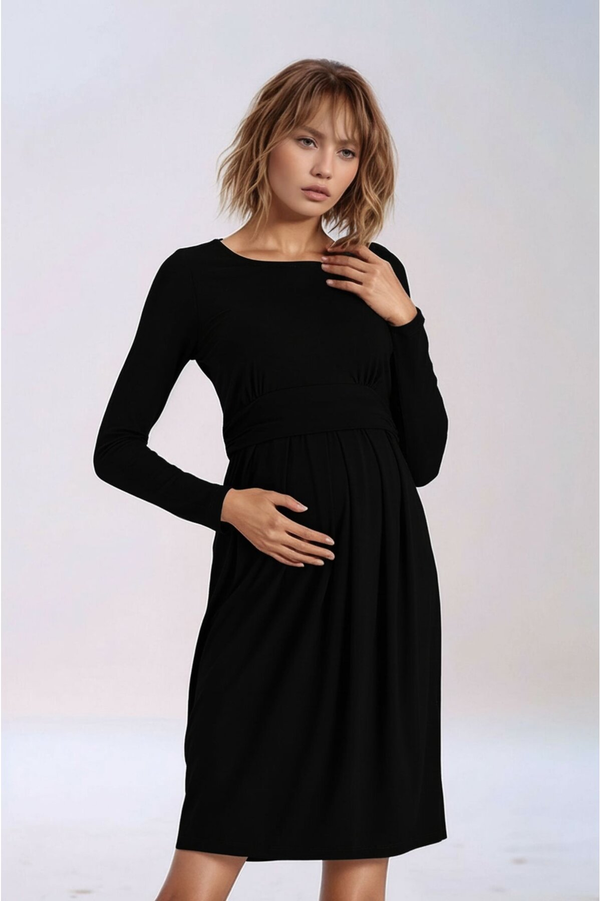Kadın Bisiklet Yaka Tesettüre Uygun Uzun Kol Viskon Gizli Emzirme Bölümlü Şık Hamile Elbisesi
