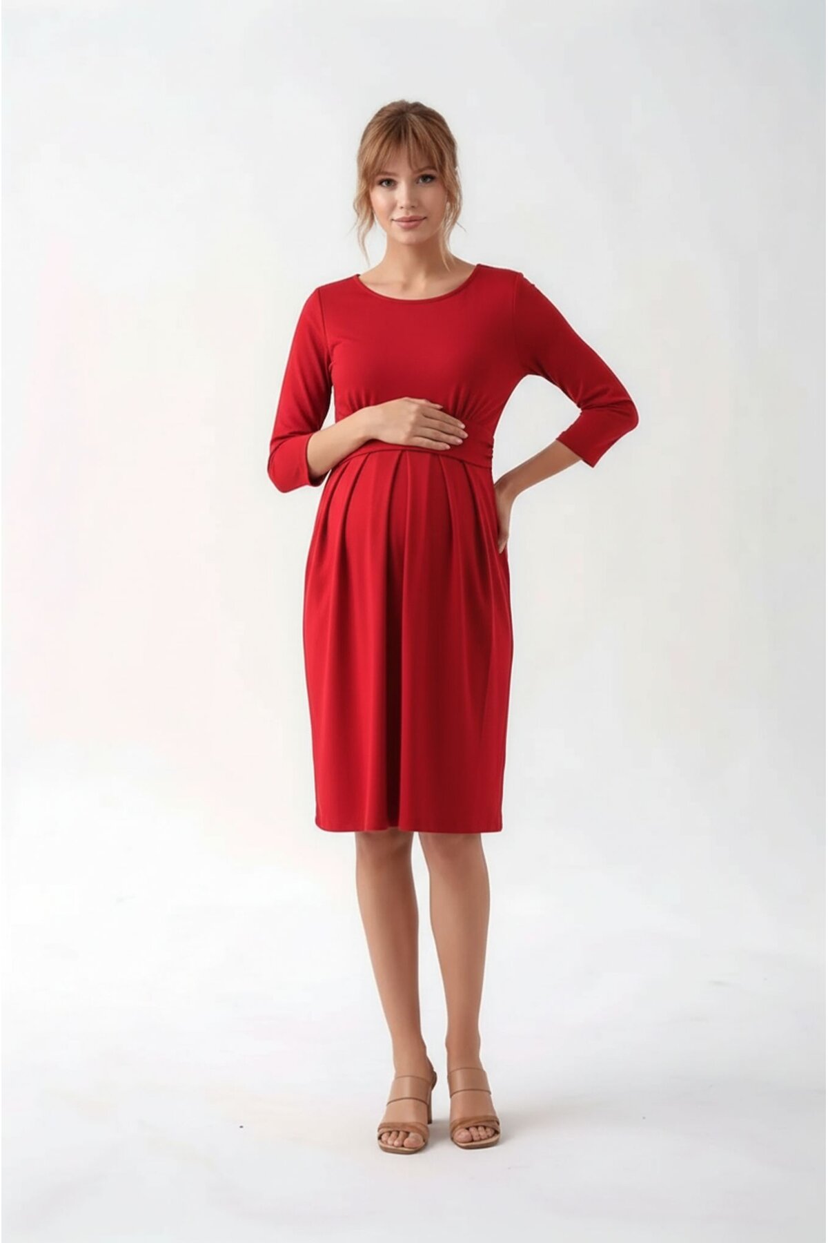 Kadın Bisiklet Yaka Tesettüre Uygun Uzun Kol Viskon Gizli Emzirme Bölümlü Şık Hamile Elbisesi