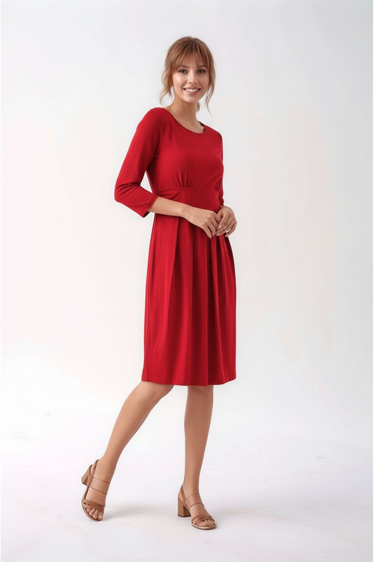 Kadın Bisiklet Yaka Tesettüre Uygun Uzun Kol Viskon Gizli Emzirme Bölümlü Şık Hamile Elbisesi