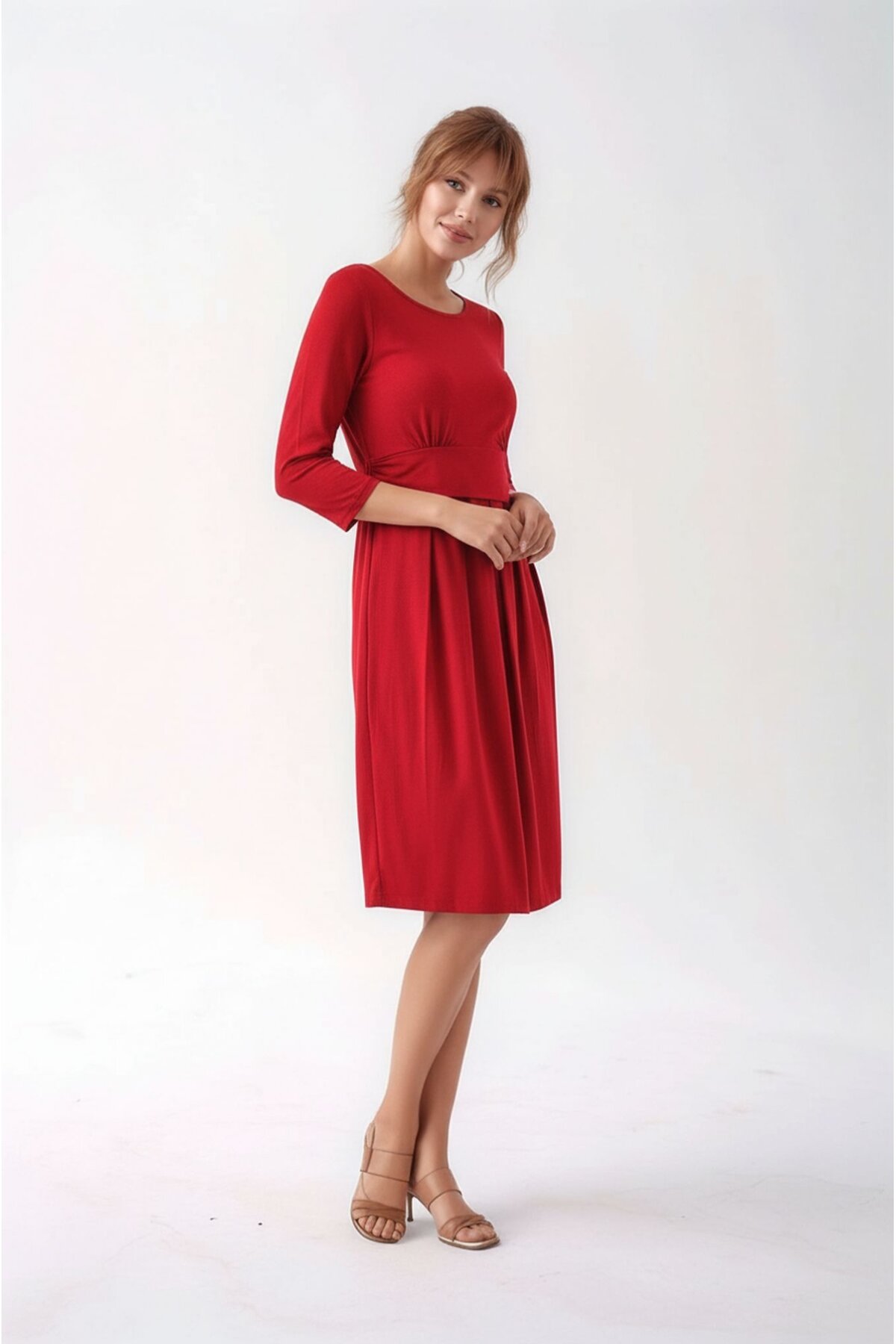 Kadın Bisiklet Yaka Tesettüre Uygun Uzun Kol Viskon Gizli Emzirme Bölümlü Şık Hamile Elbisesi