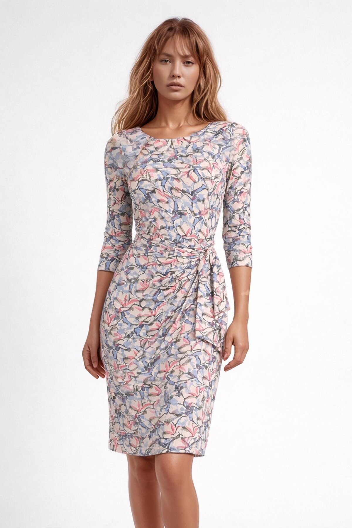 Kadın Bisiklet Yaka Truvakar Kol Viskon Yandan Bağlamalı Midi Boy Desenli Casual Şık Elbise