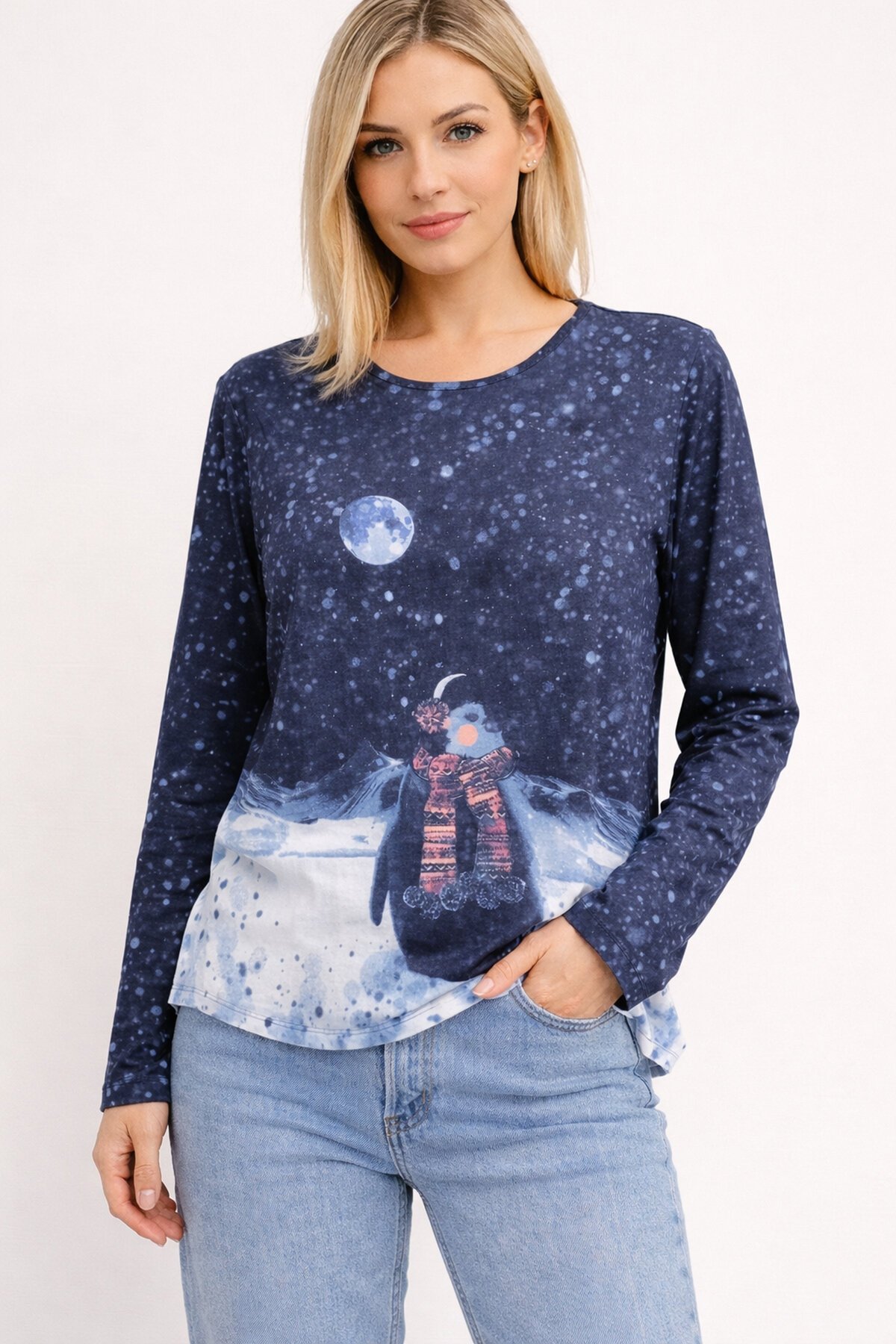 Kadın Bisiklet Yaka Uzun Kol Dijital Baskı Penguenli Pamuk Basic T-shirt