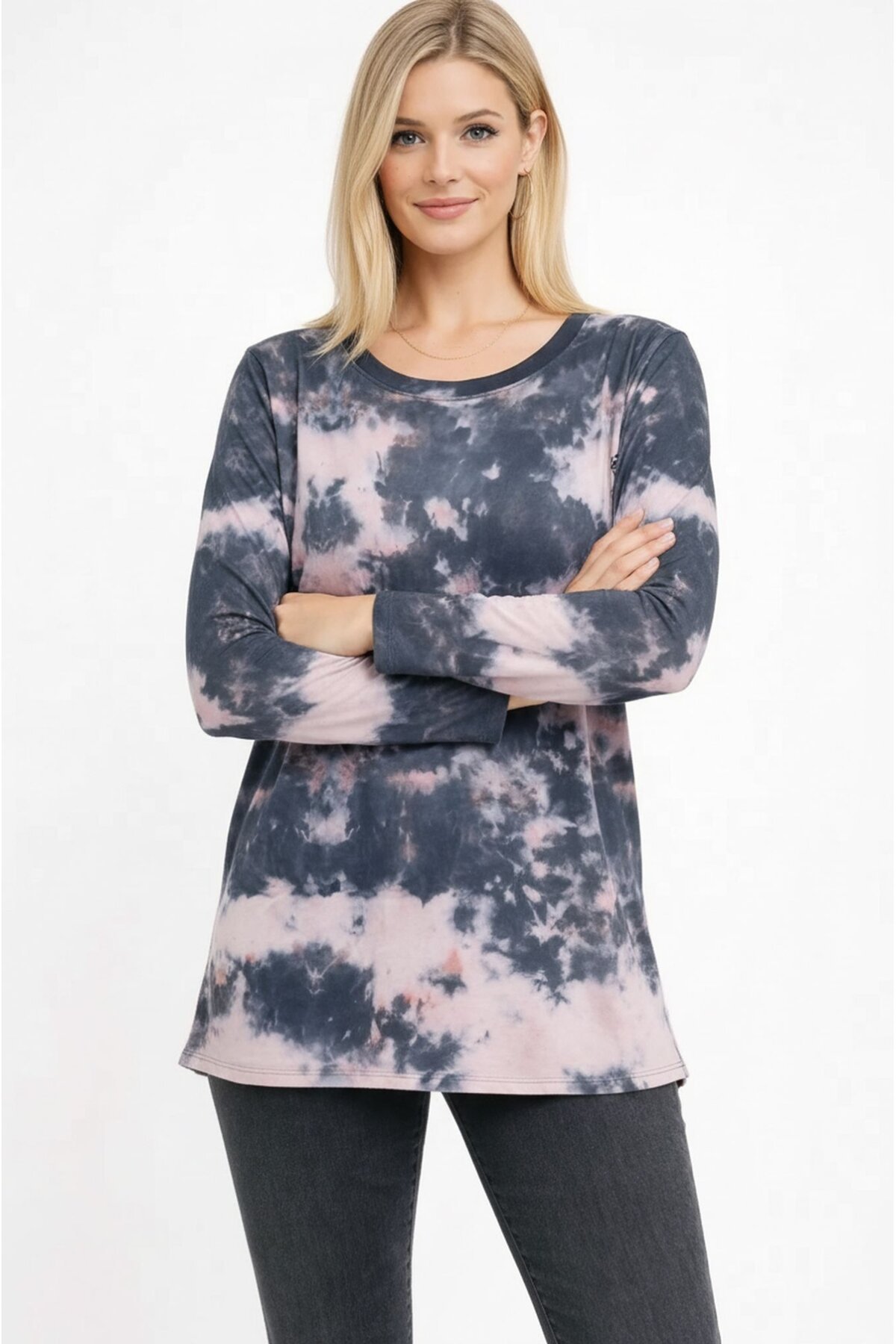 Kadın Bisiklet Yaka Uzun Kol Dijital Baskı Batik Pamuk Basic T-shirt