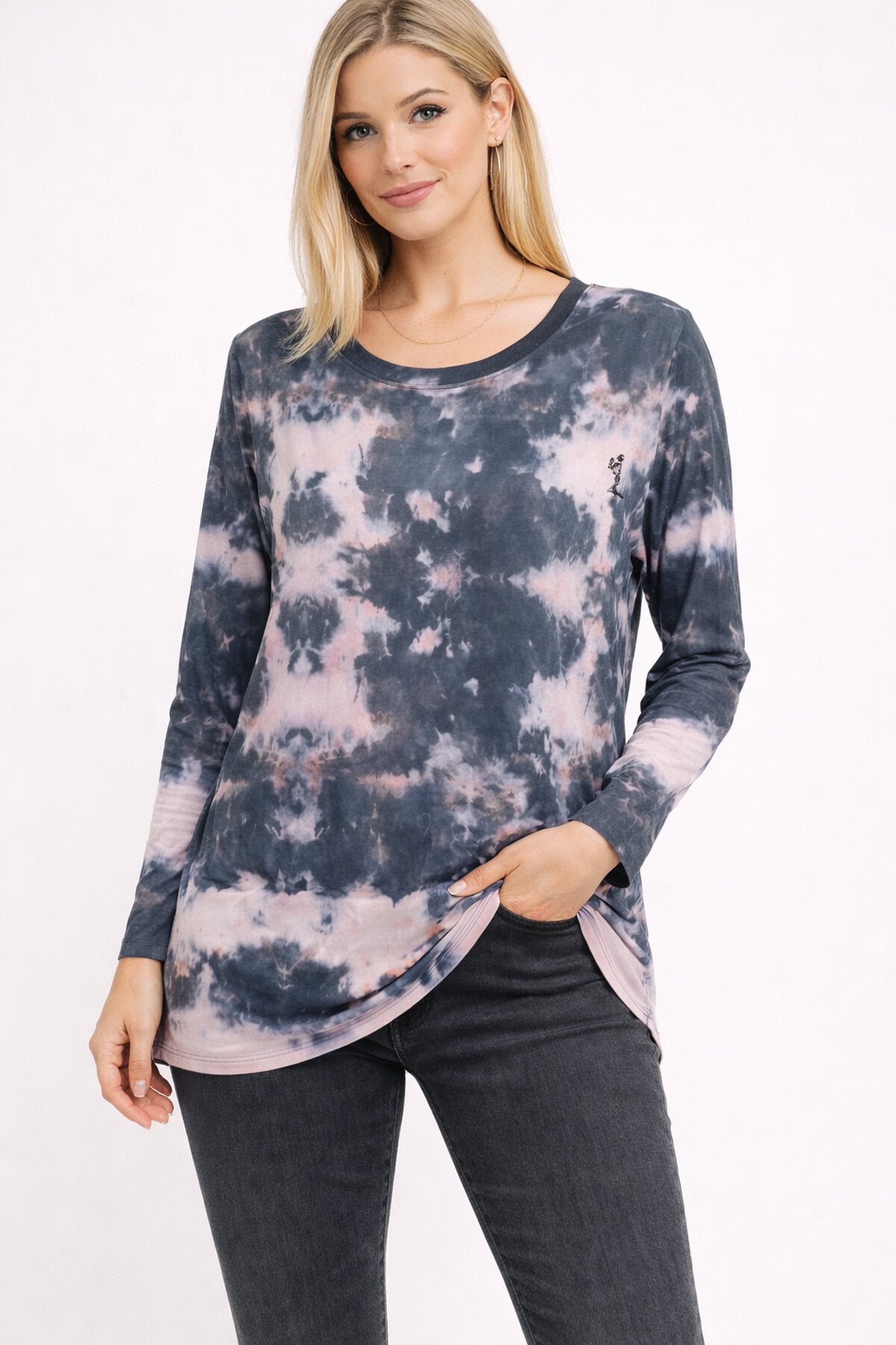 Kadın Bisiklet Yaka Uzun Kol Dijital Baskı Batik Pamuk Basic T-shirt