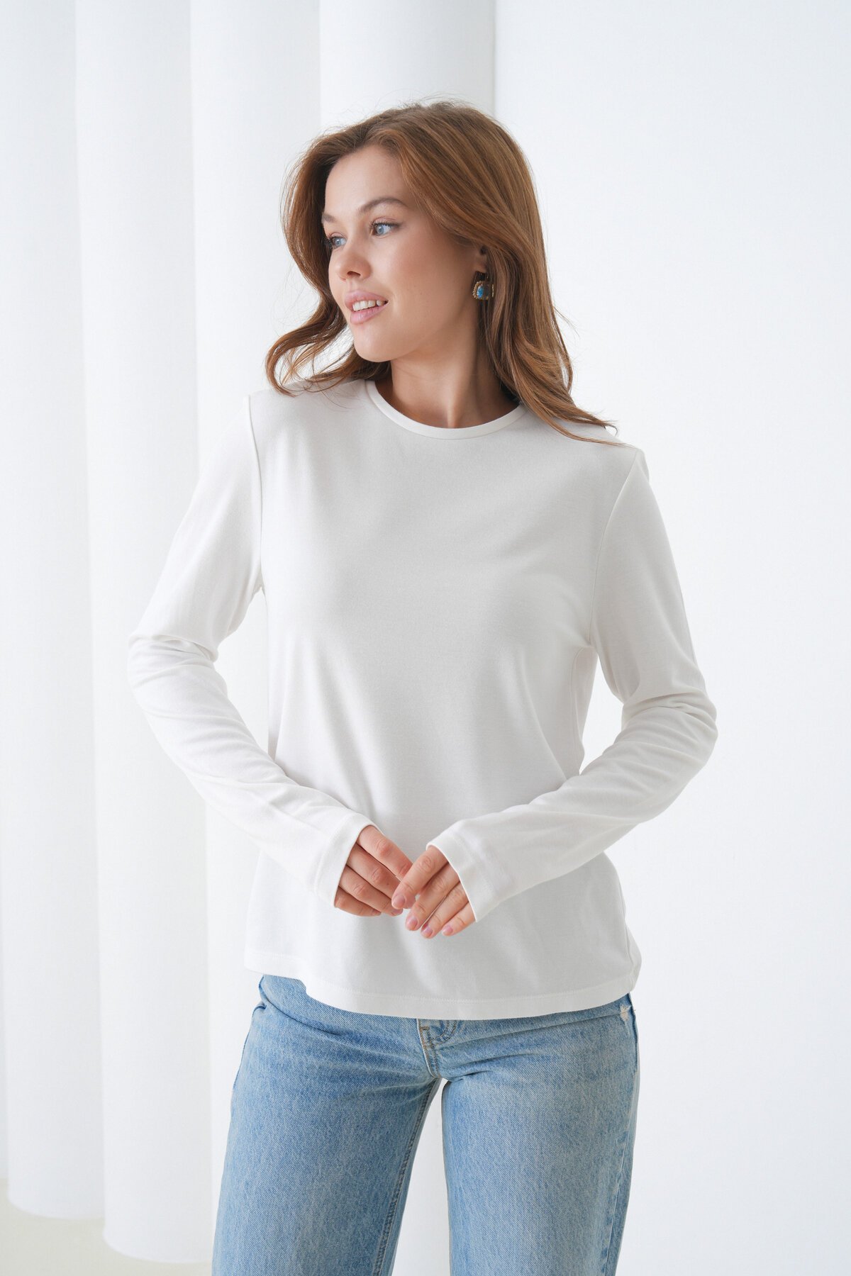 Kadın Bisiklet Yaka Uzun Kol Parmak Geçirmeli Spor Şık Bluz