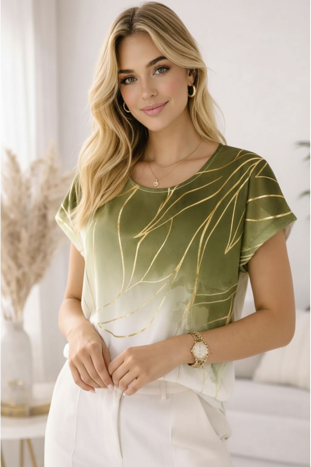 Kadın Bisiklet Yaka Viskon Kısa Kol Spor Şık Desenli Bluz