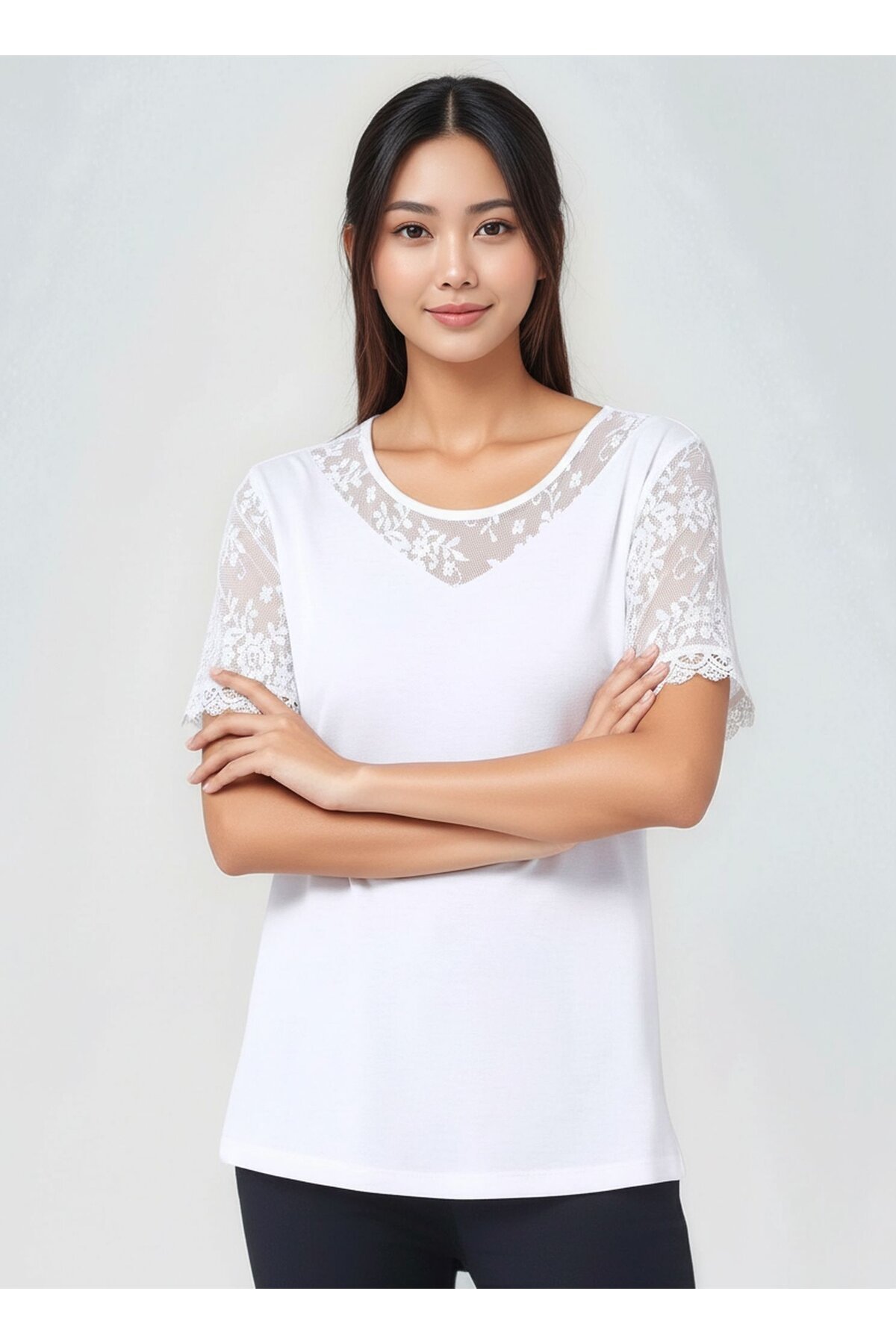 Kadın Bisiklet Yaka Yarım Dantel Kol ve Yaka Detay Viskon Büyük Beden Curve Bluz