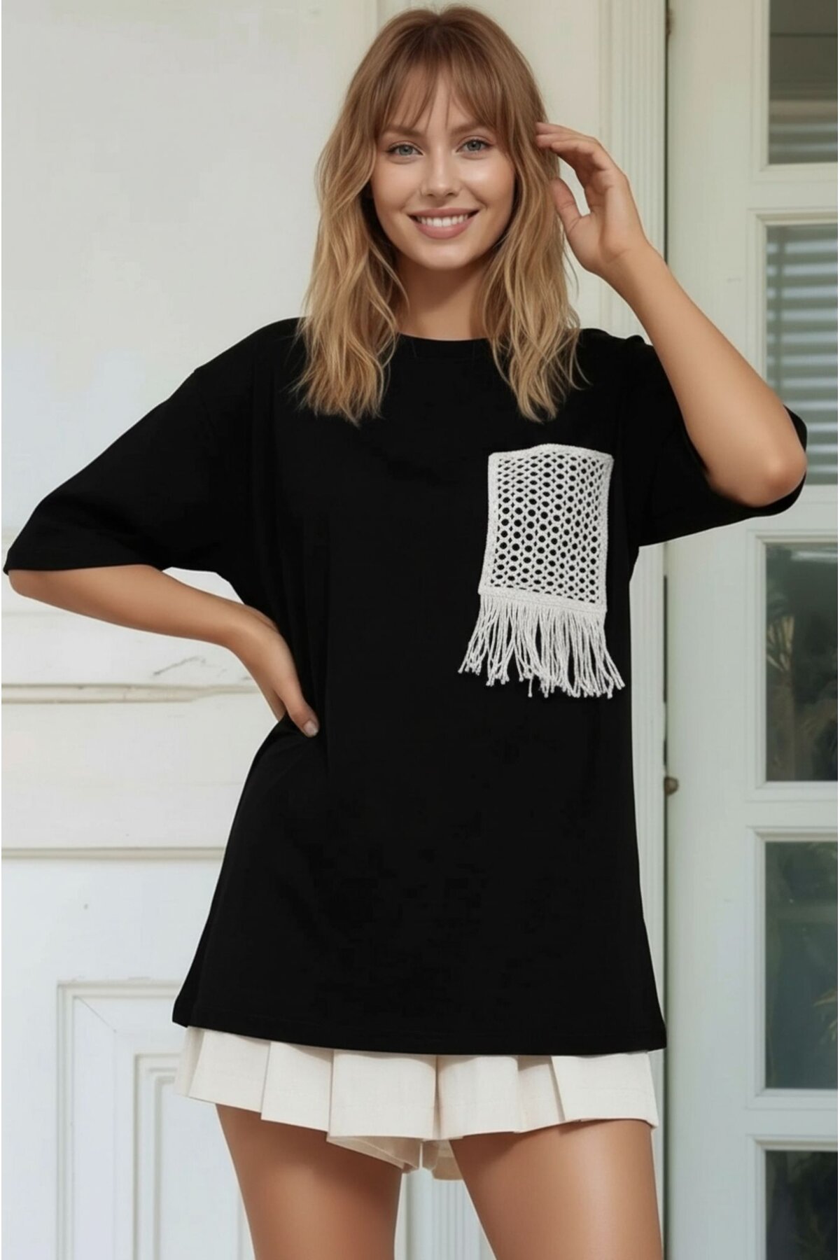 Kadın Bisiklet Yaka Yarım Kol Basic %100 Pamuk Düz Cep Örgü Curve Büyük Beden Tshirt