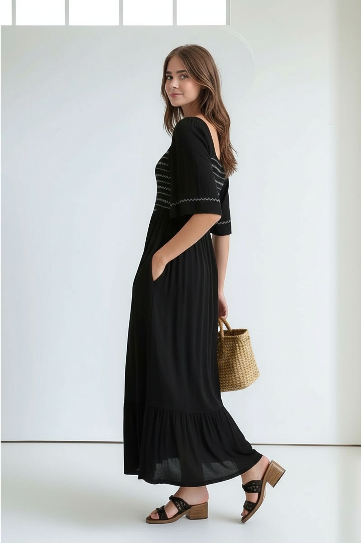 Kadın Kare Yaka Yarım Kol Maxi Boy Günlük/Casual Yazlık Viskon Spor Şık Elbise