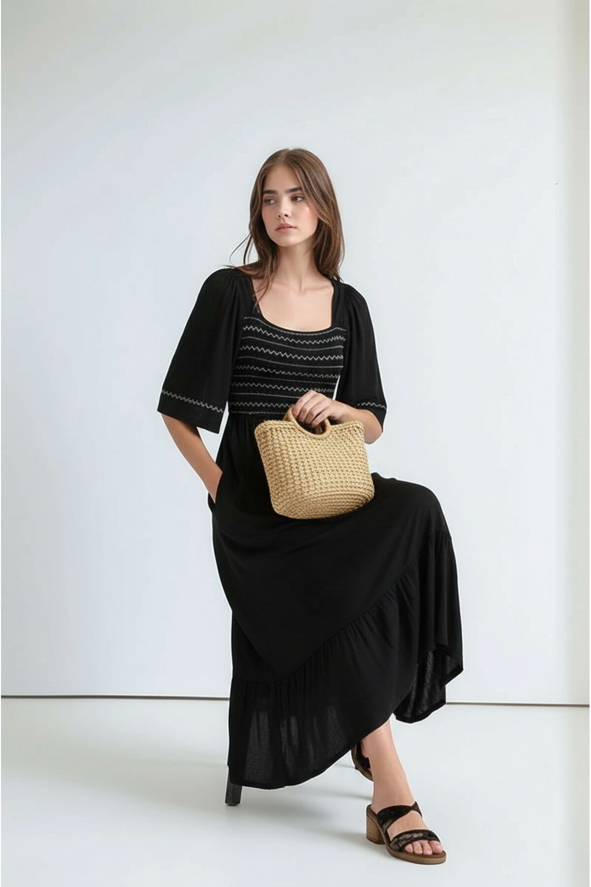 Kadın Kare Yaka Yarım Kol Maxi Boy Günlük/Casual Yazlık Viskon Spor Şık Elbise