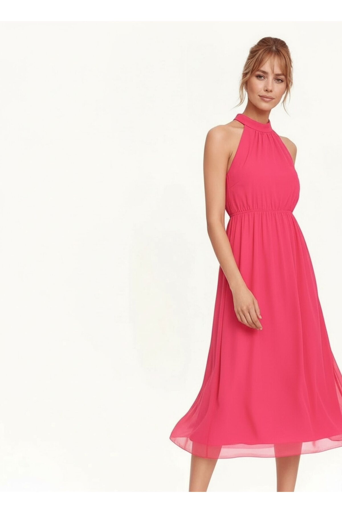 Kadın Boyundan Bağlamalı Belden Büzgülü Kolsuz Spor Şık Fuşya Tül Büyük Curve Elbise