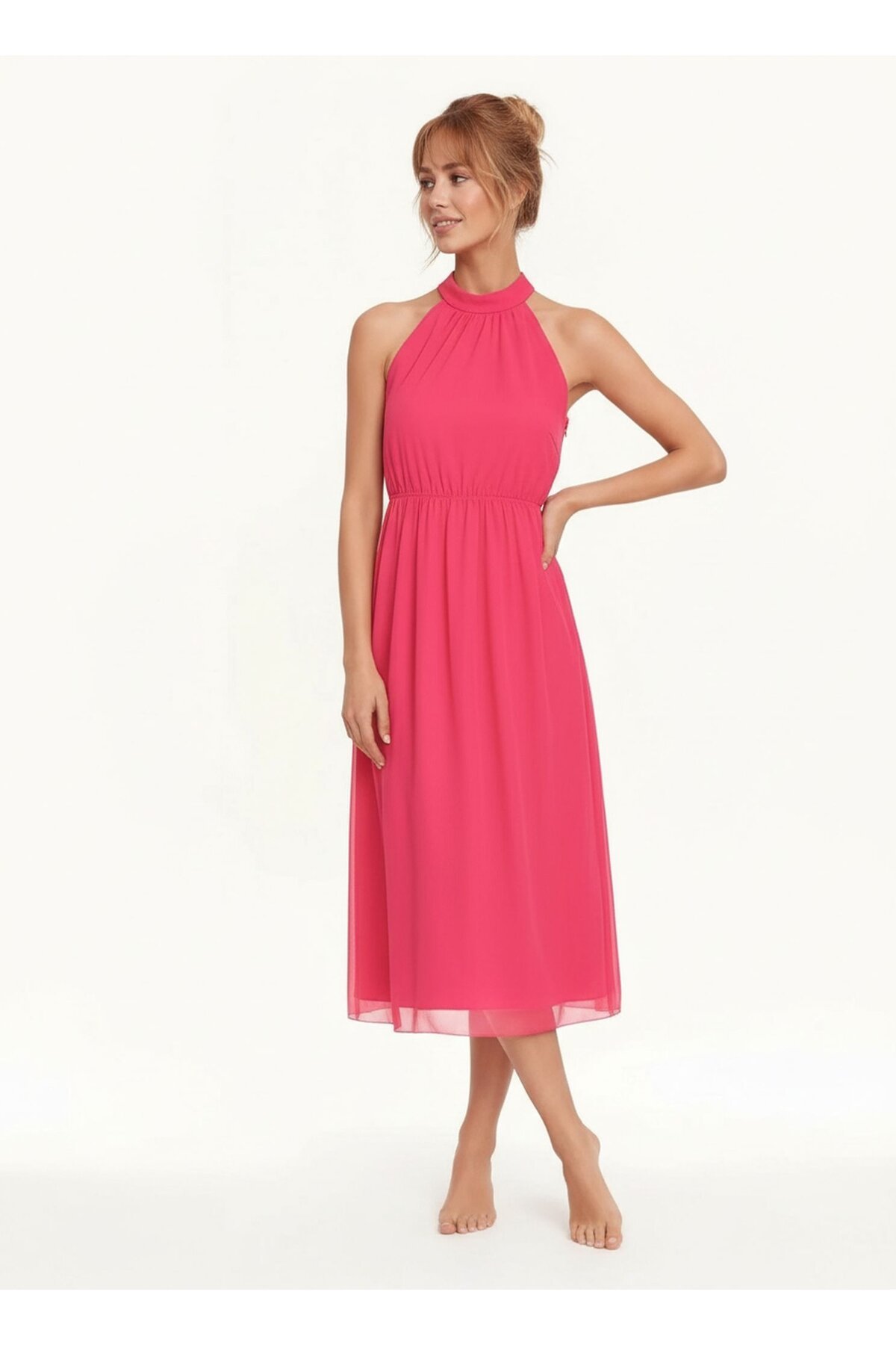 Kadın Boyundan Bağlamalı Belden Büzgülü Kolsuz Spor Şık Fuşya Tül Büyük Curve Elbise