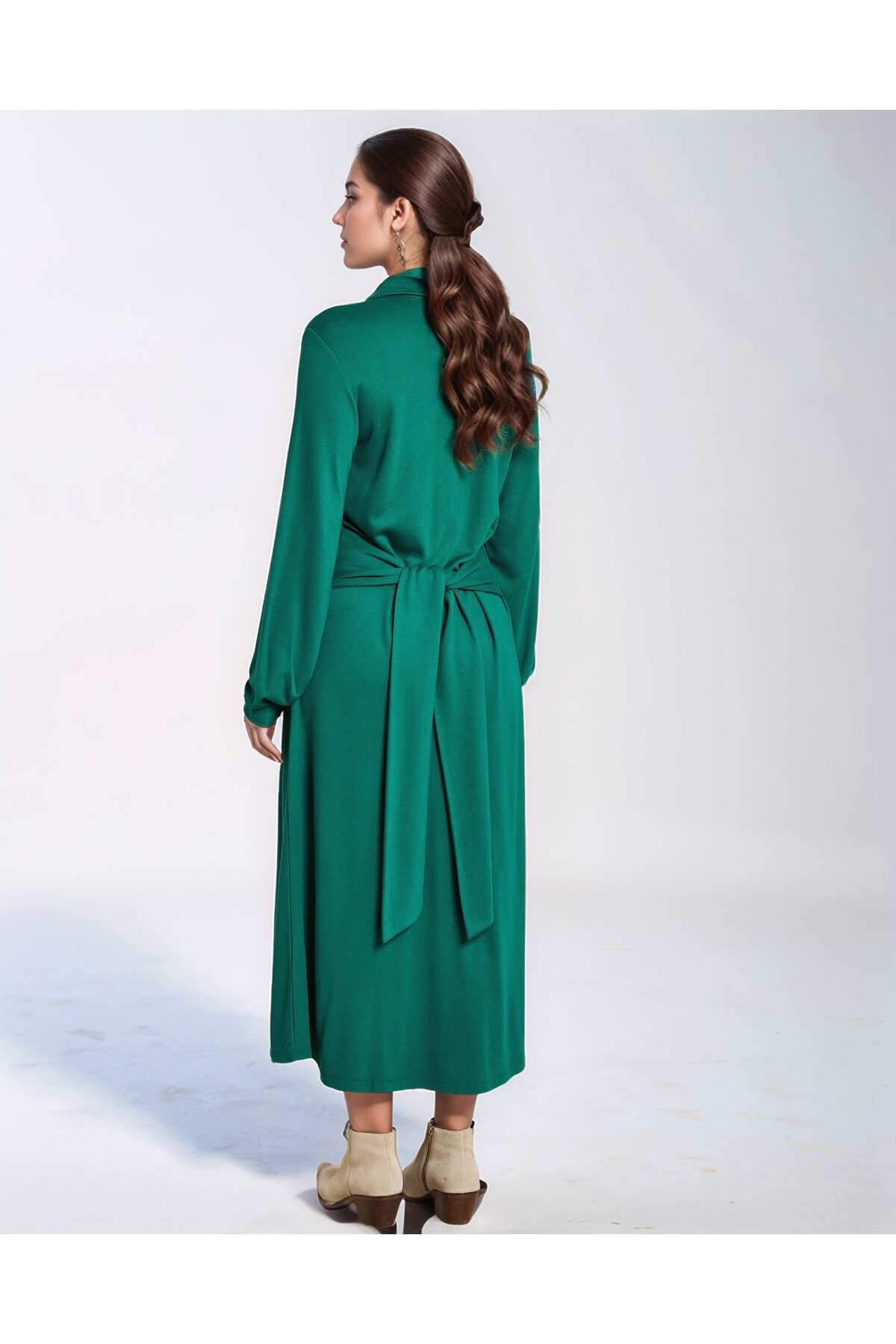 Kadın Büyük Beden Gömlek Yaka Önden Düğmeli Beli Kuşaklı Uzun Kol Şık Curve Elbise