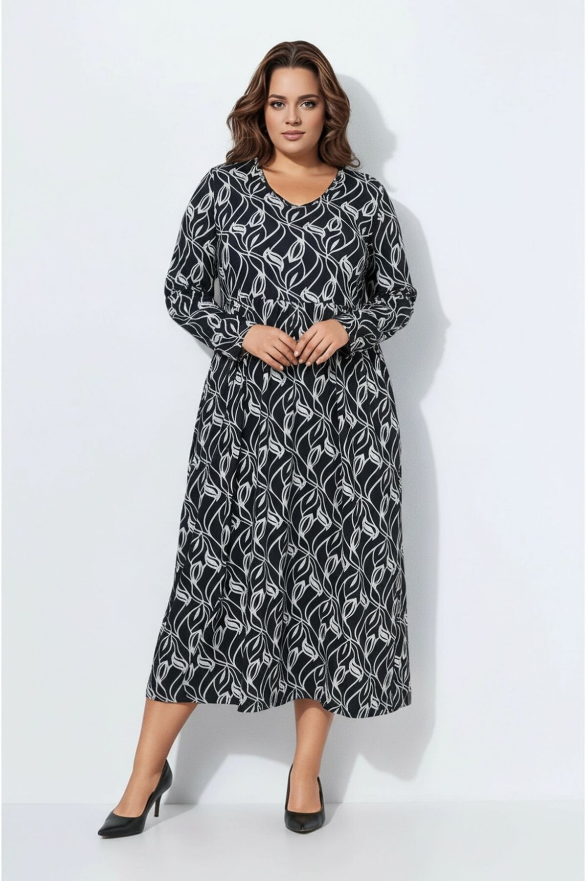 Kadın Büyük Beden Bisiklet Yaka Desenli Belden Latik Uzun Kol Şık Curve Elbise