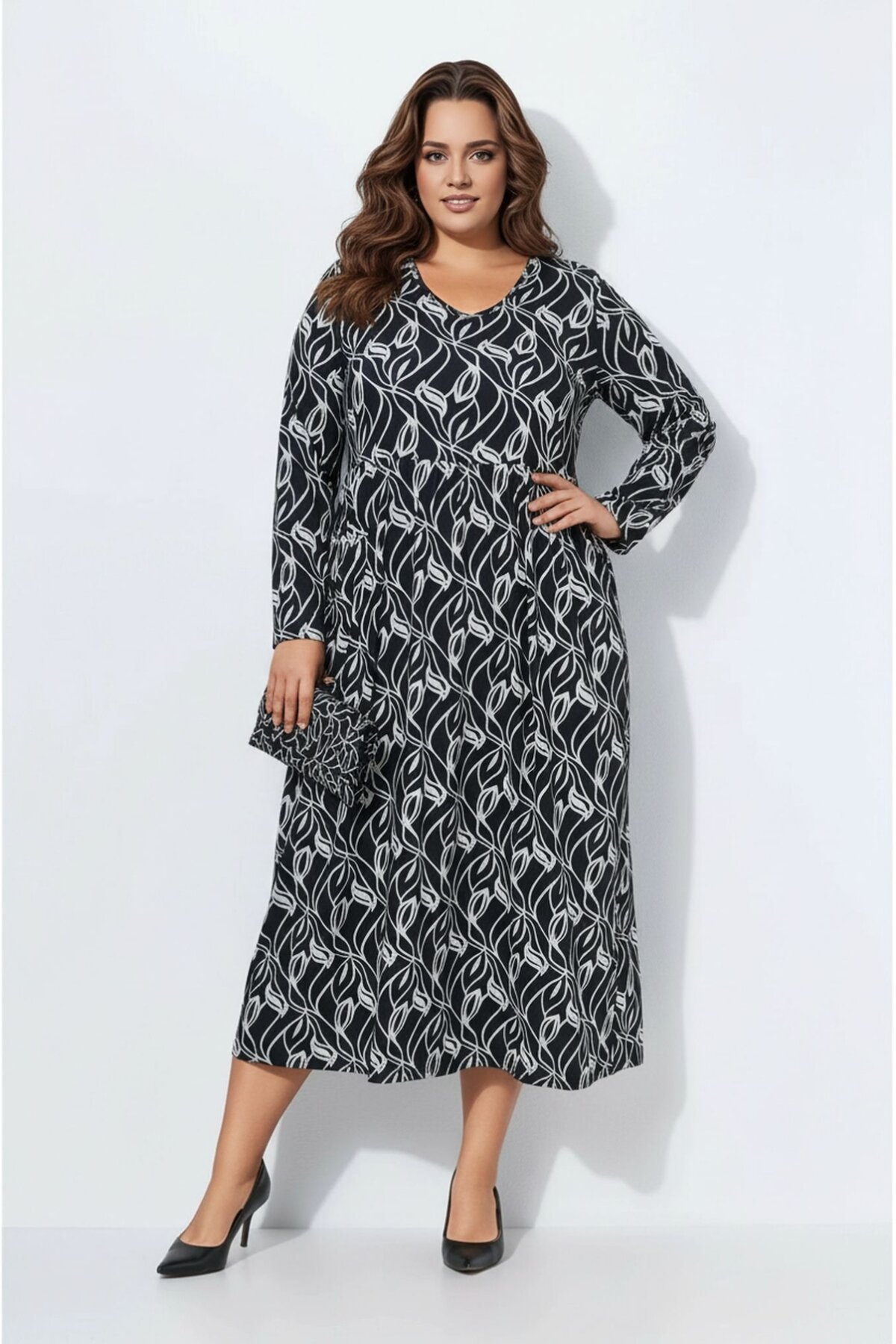 Kadın Büyük Beden Bisiklet Yaka Desenli Belden Latik Uzun Kol Şık Curve Elbise